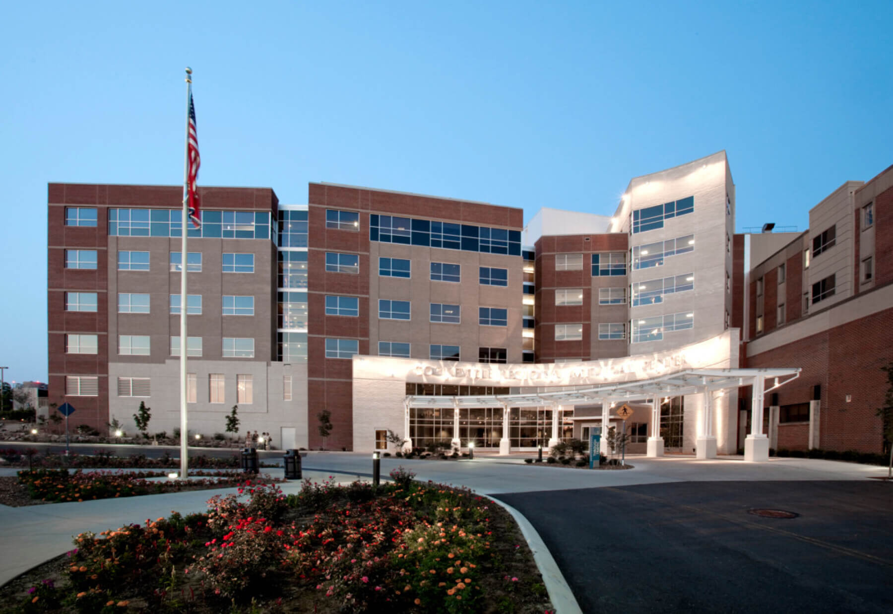 exterior of hospital at dusk
