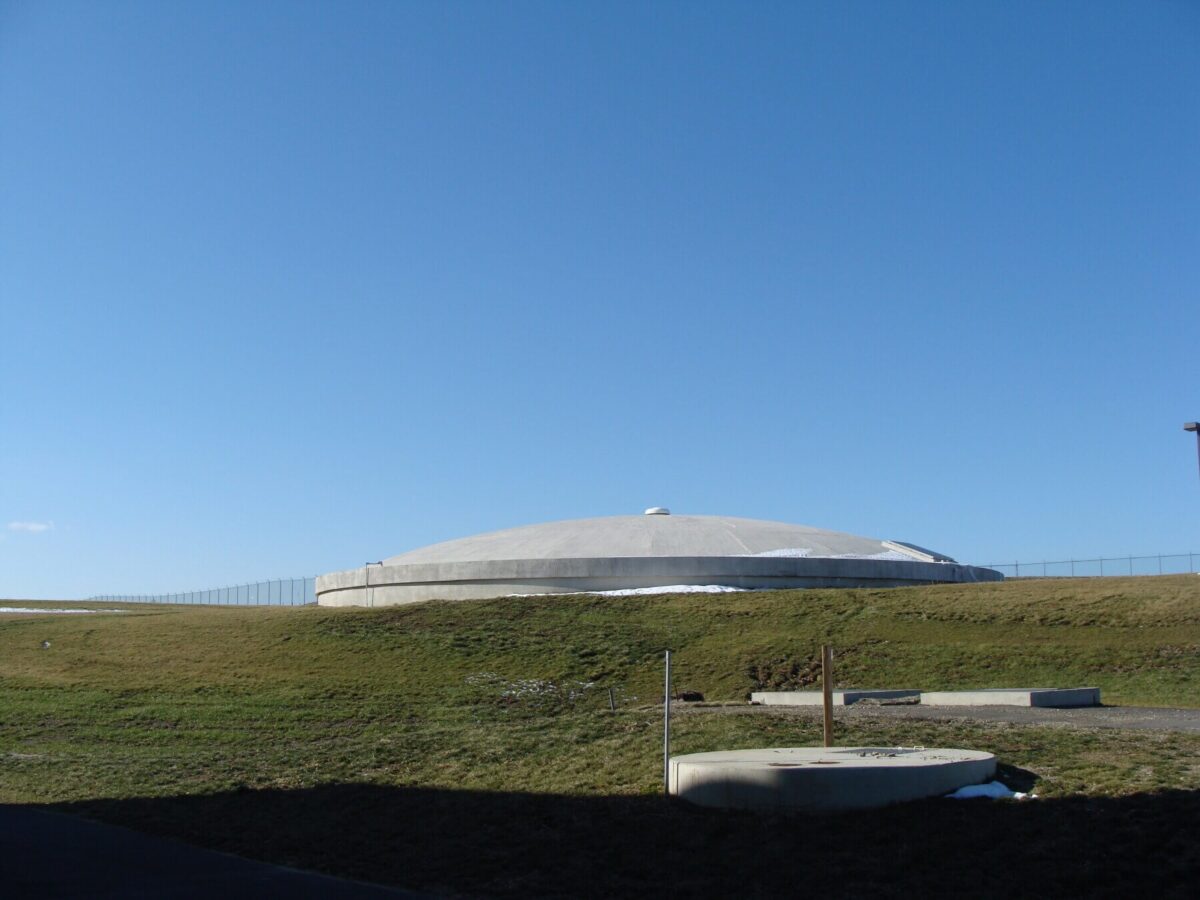 a view from a distance of the exterior of the akron-canton airport deicing facility