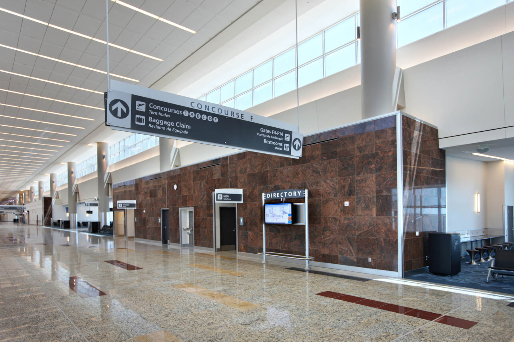 overhead wayfinding signage in the concourse at the international terminal at Hartsfield-Jackson Atlanta International Airport