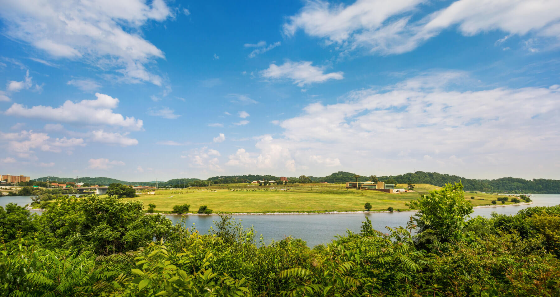 a green field with trees and a body of water