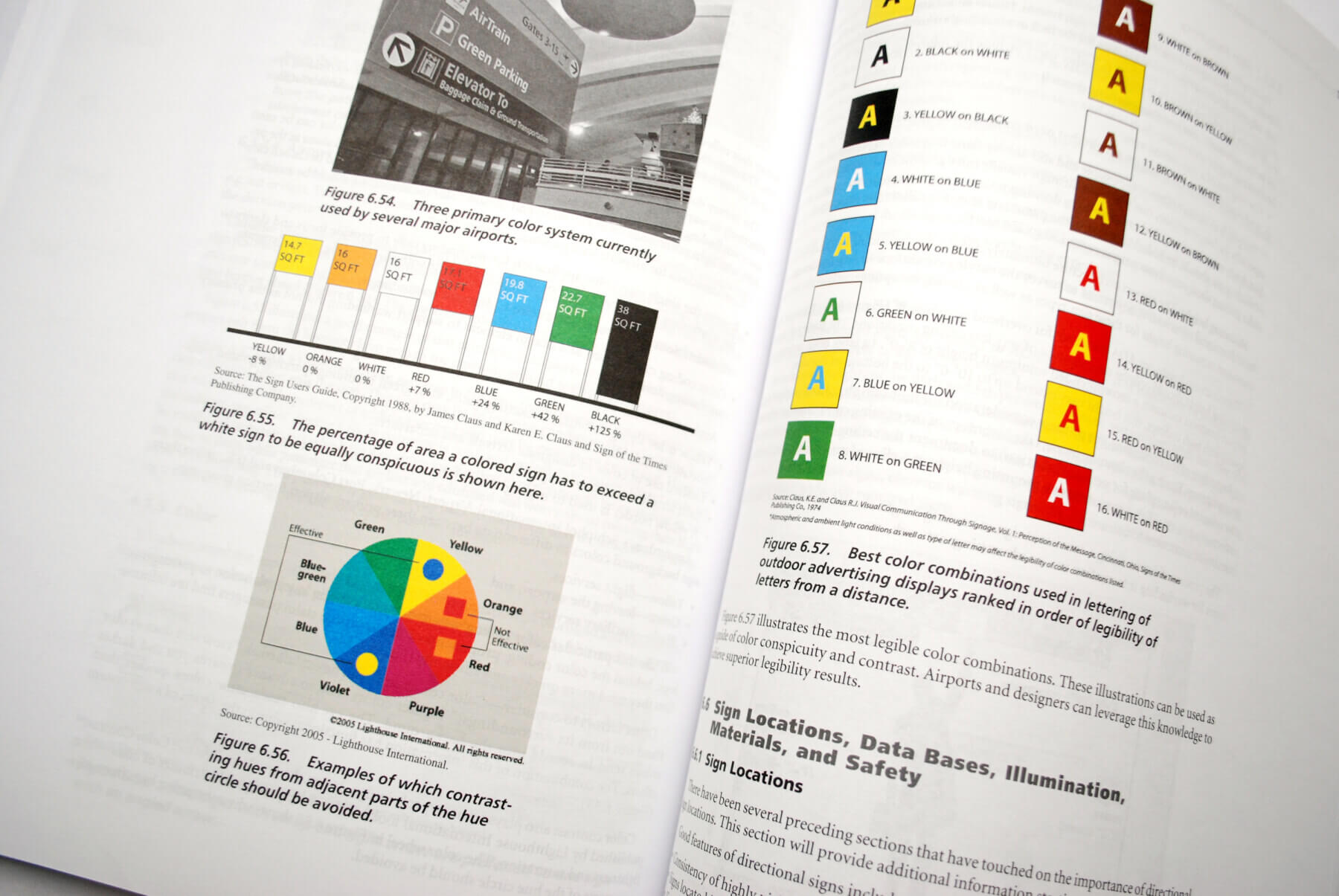 a close up of a page inside ACRP research report 52 with diagrams explaining wayfinding color systems