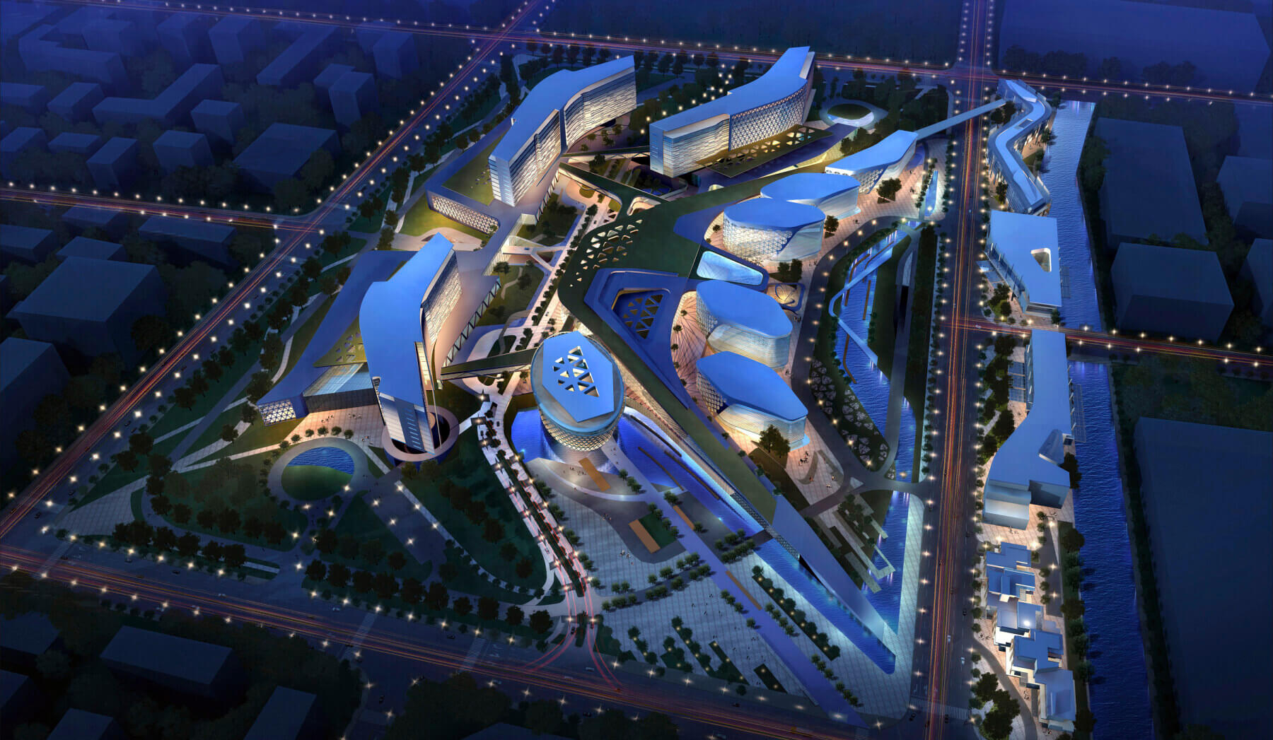 nighttime aerial rendering of Shanghai International Medical City