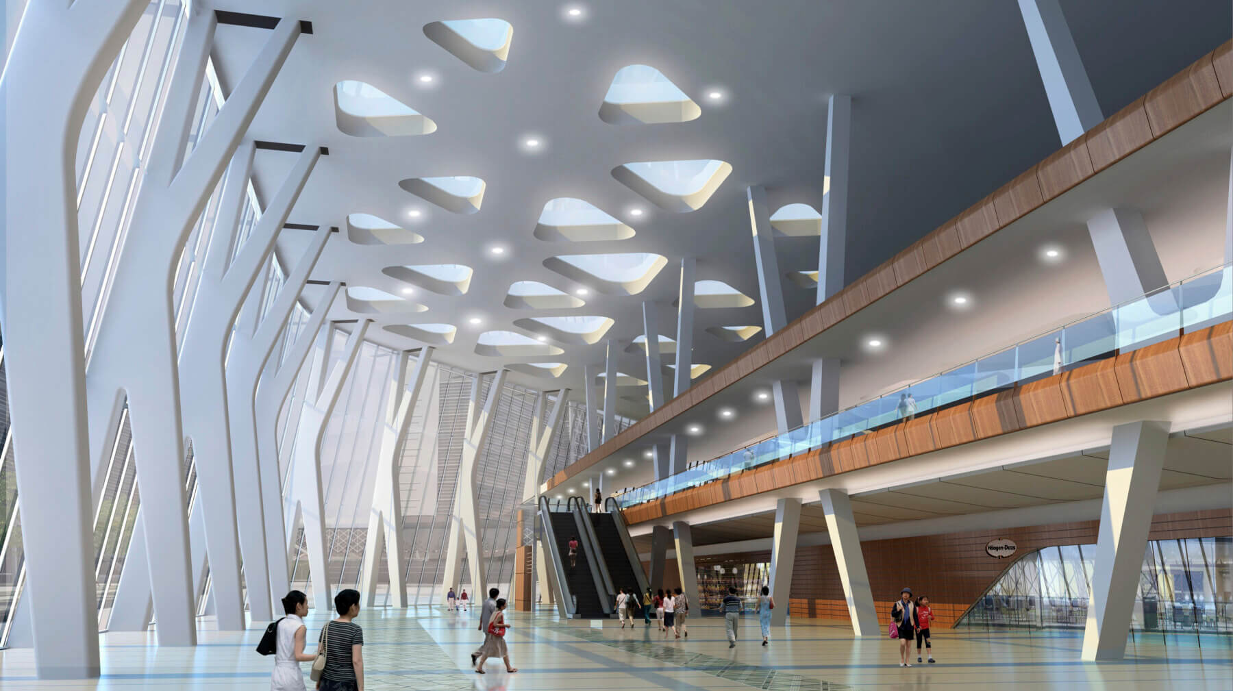 a three-story lobby with a glass wall and skylights