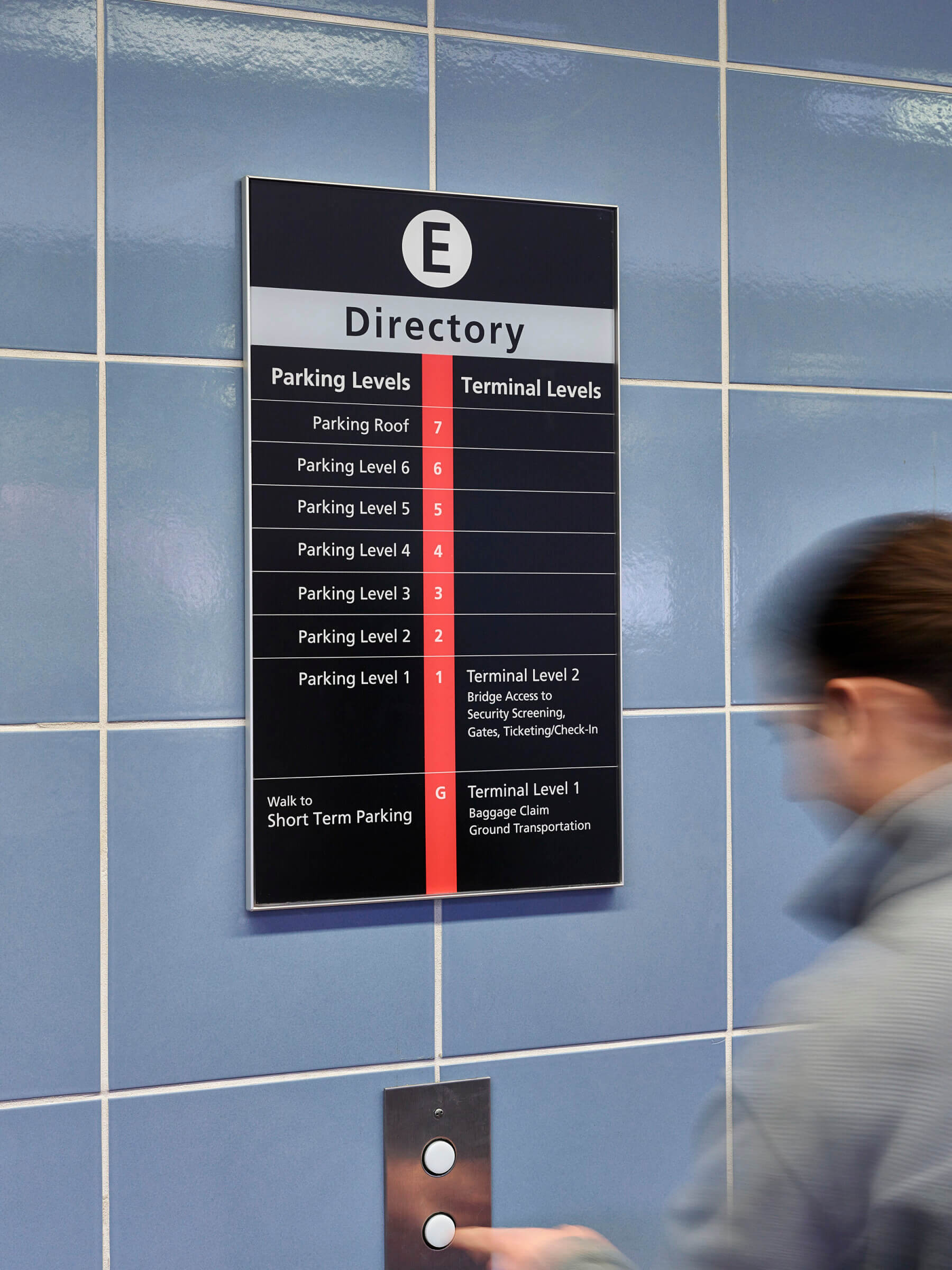 directory sign next to elevators at Philadelphia International Airport