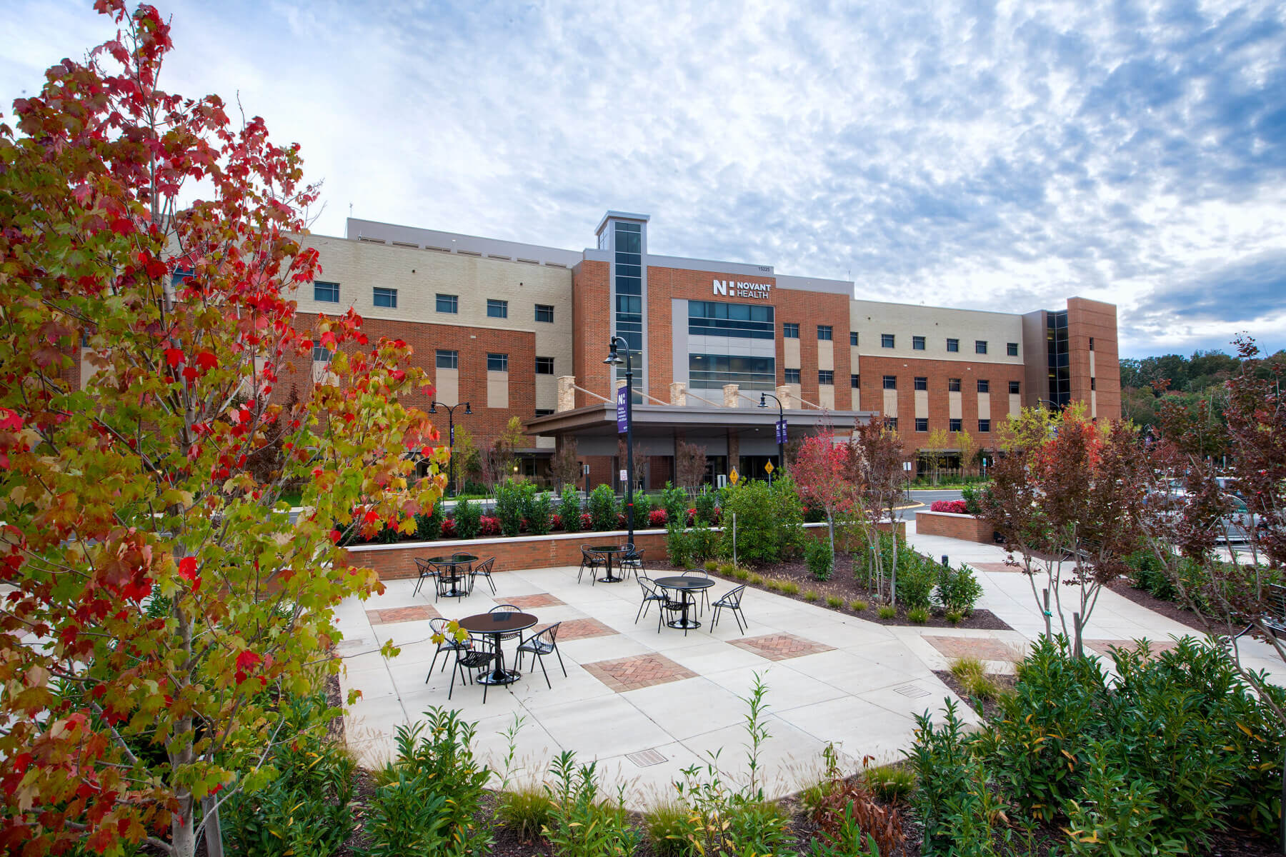 a patio outside Novant Health Haymarket Hospital