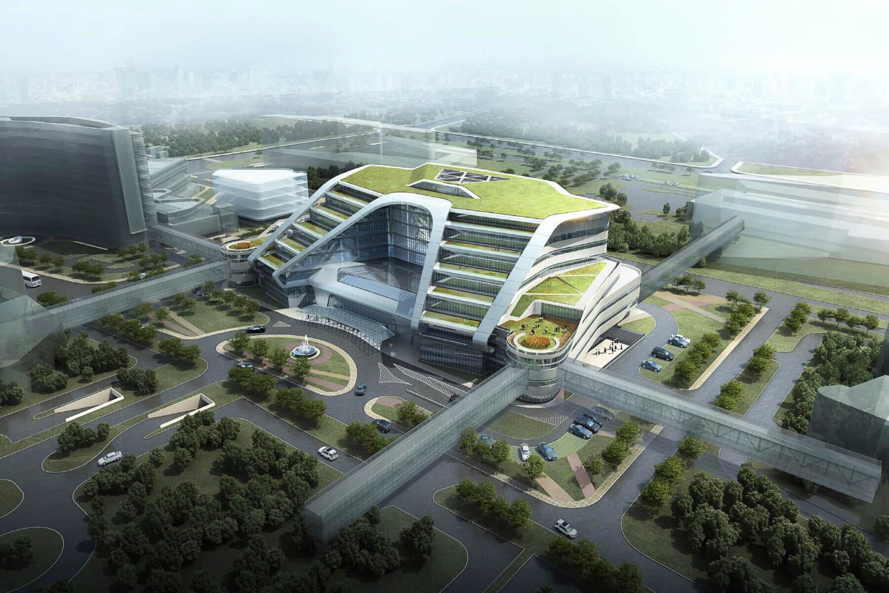 daytime aerial rendering of Hongqiao shared facility