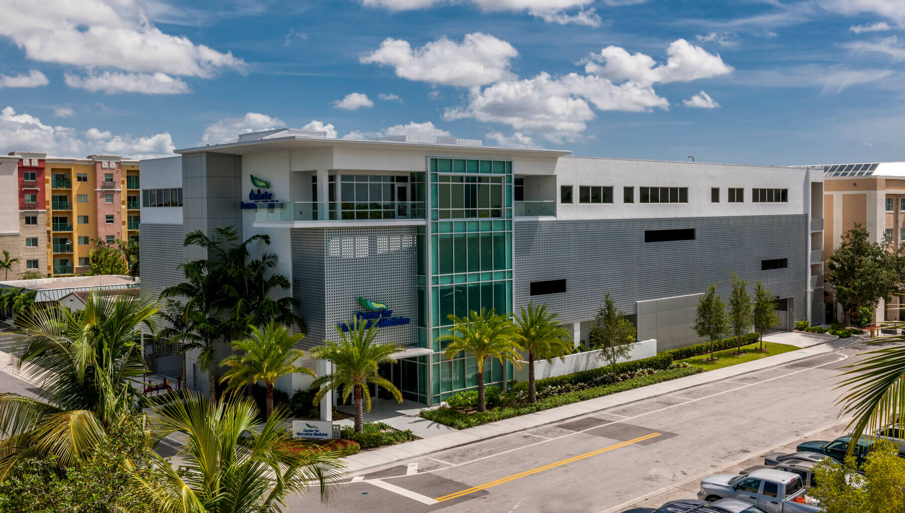 an aerial view of the exterior of the building