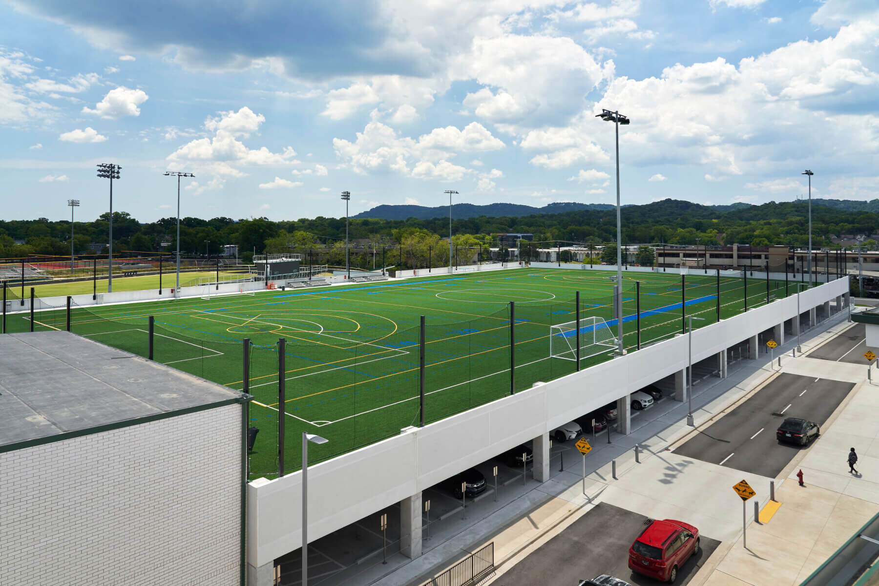 A playing field on top of a parking garage at Hillsboro High School