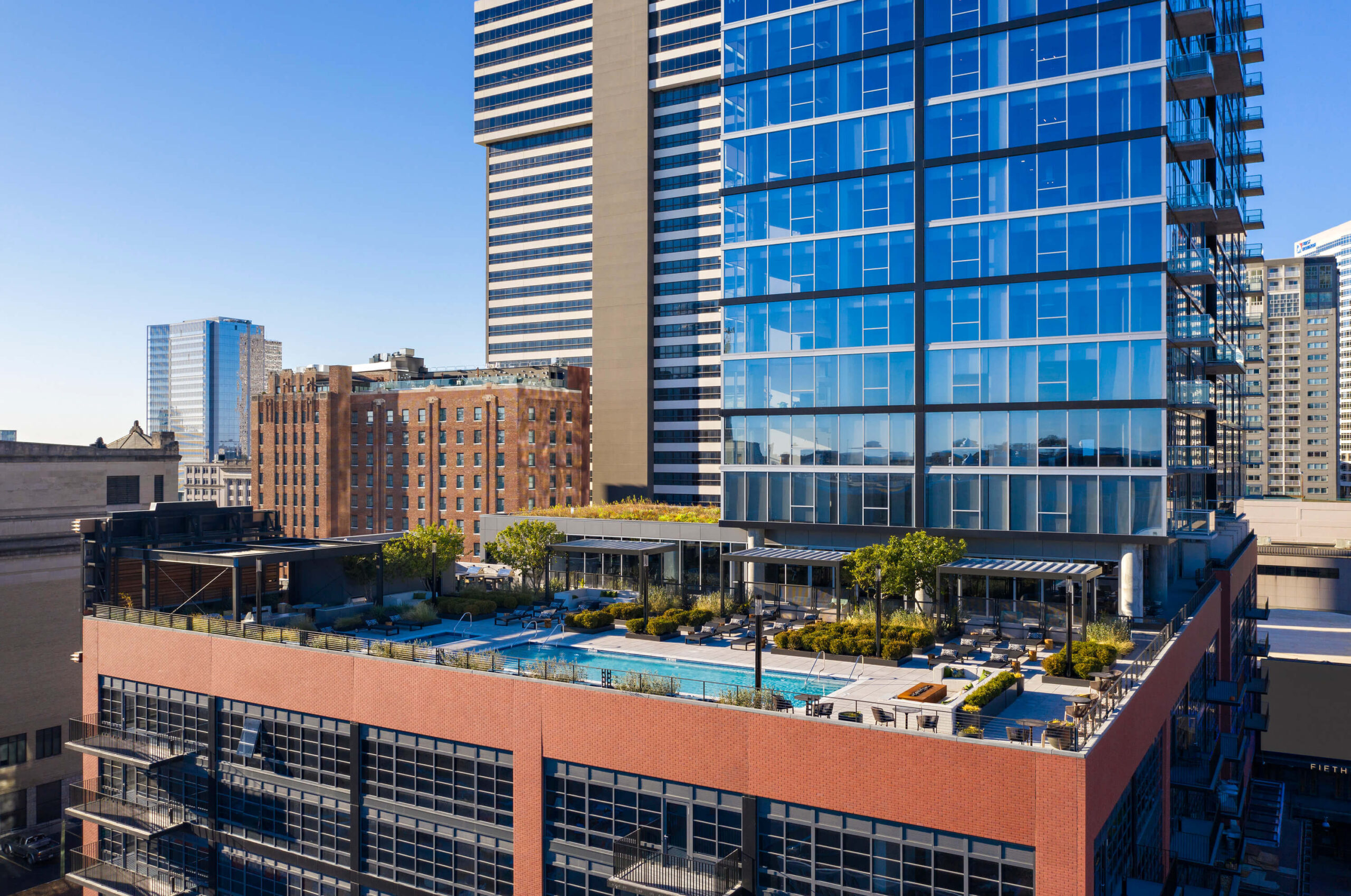 An aerial shot of The Place pool