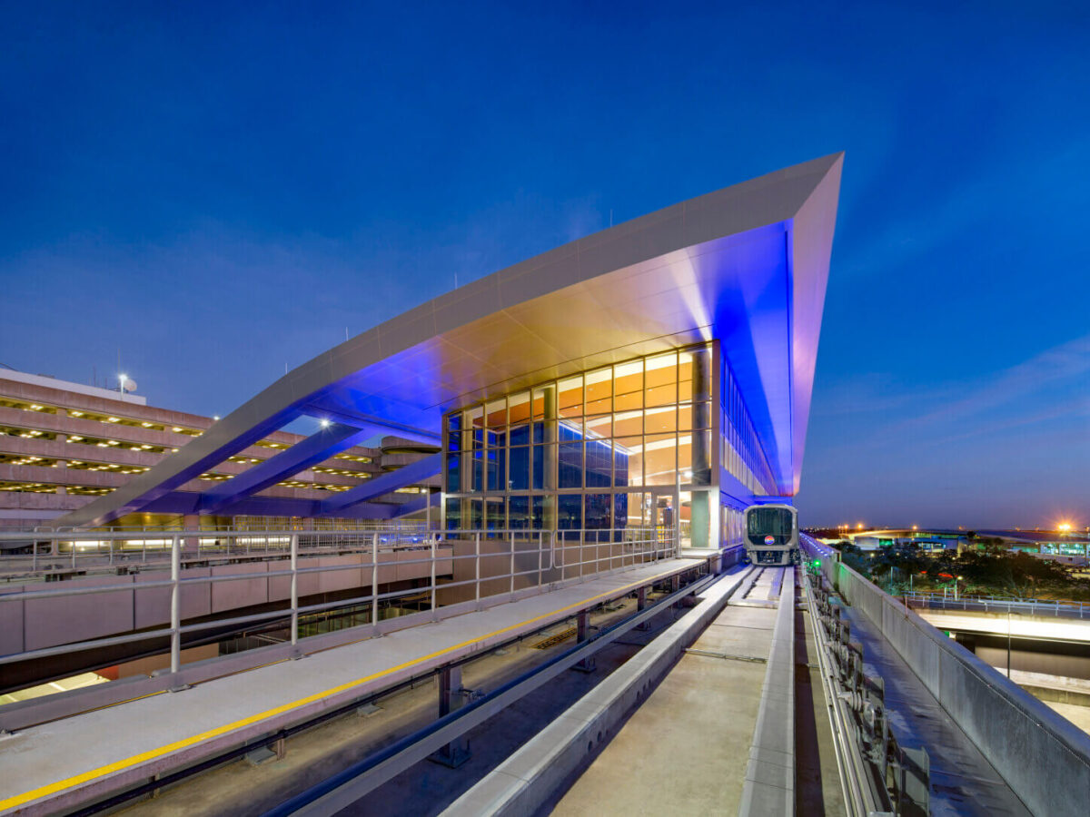 the automated people mover at Tampa International Airport at night