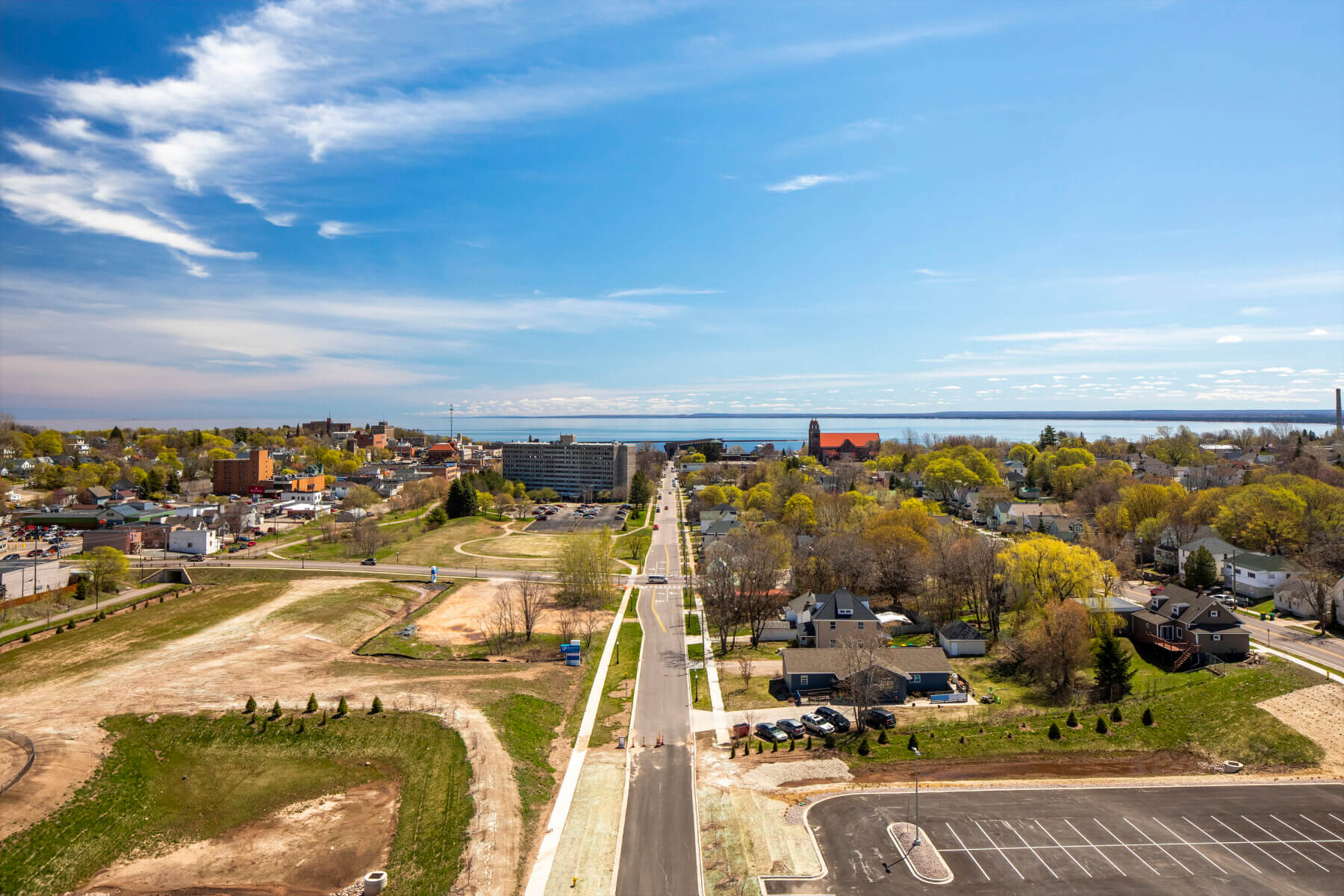 view of the surrounding town and waterfront from top floor of the building