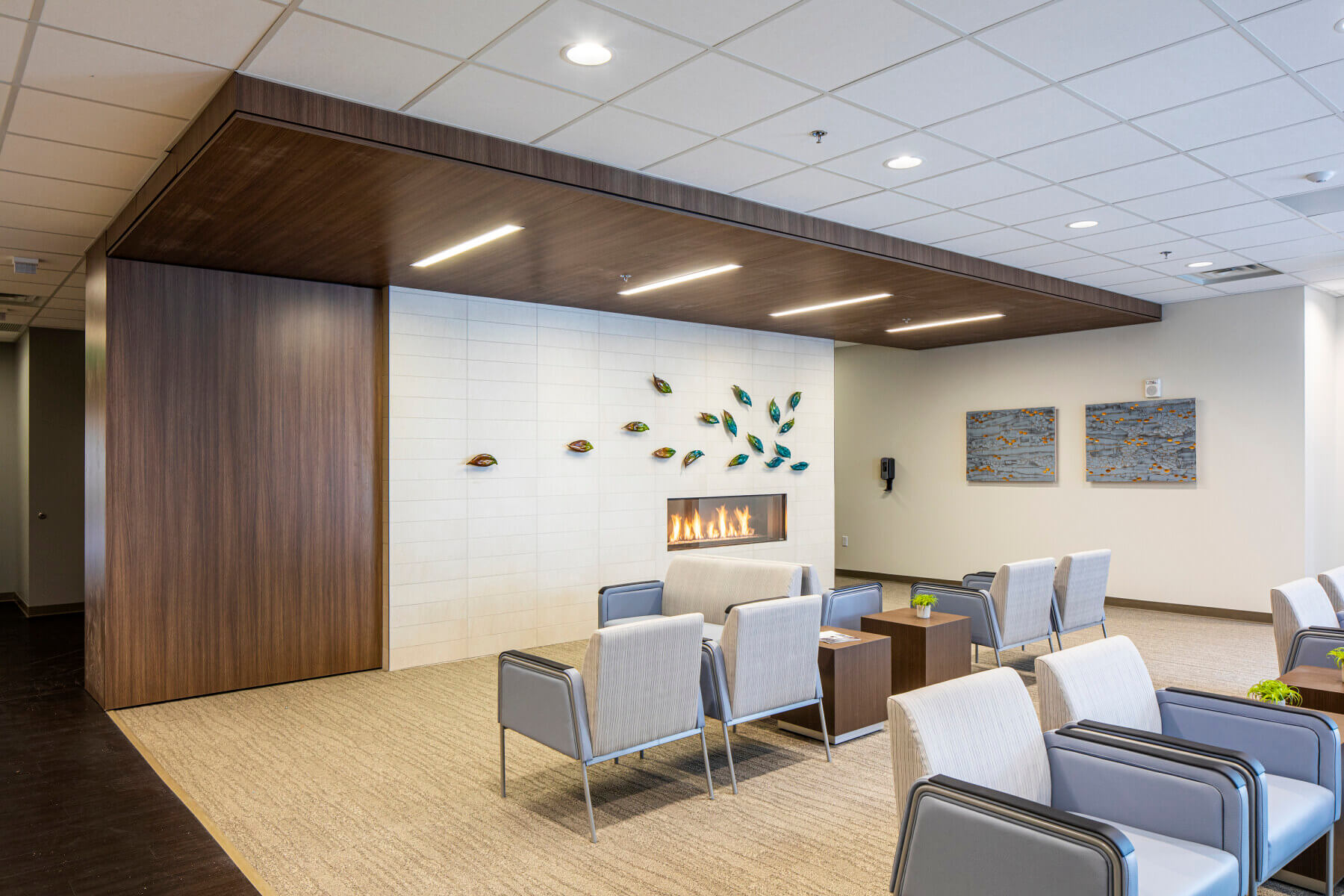 waiting room with in set wall fireplace