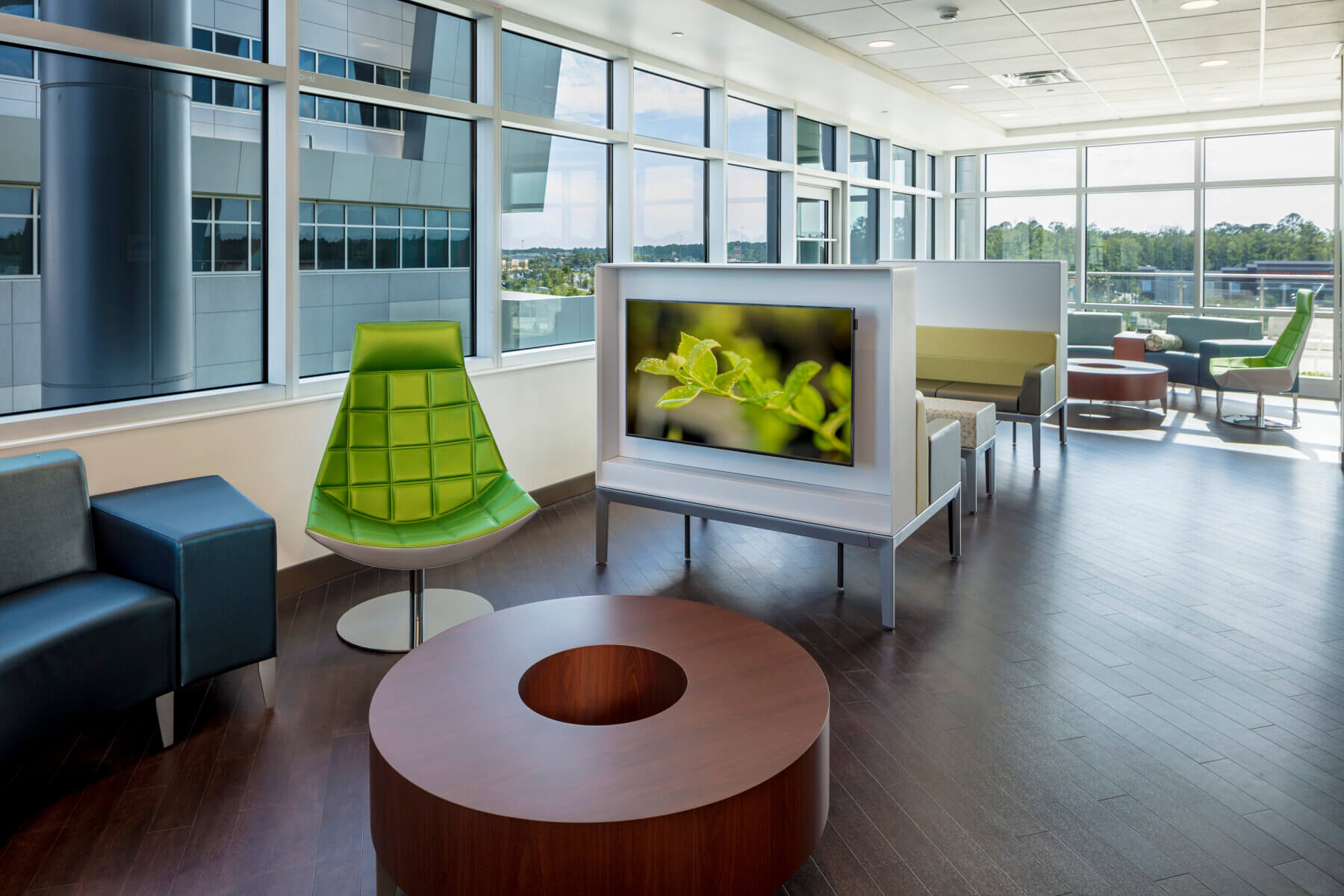 green seating with screens
