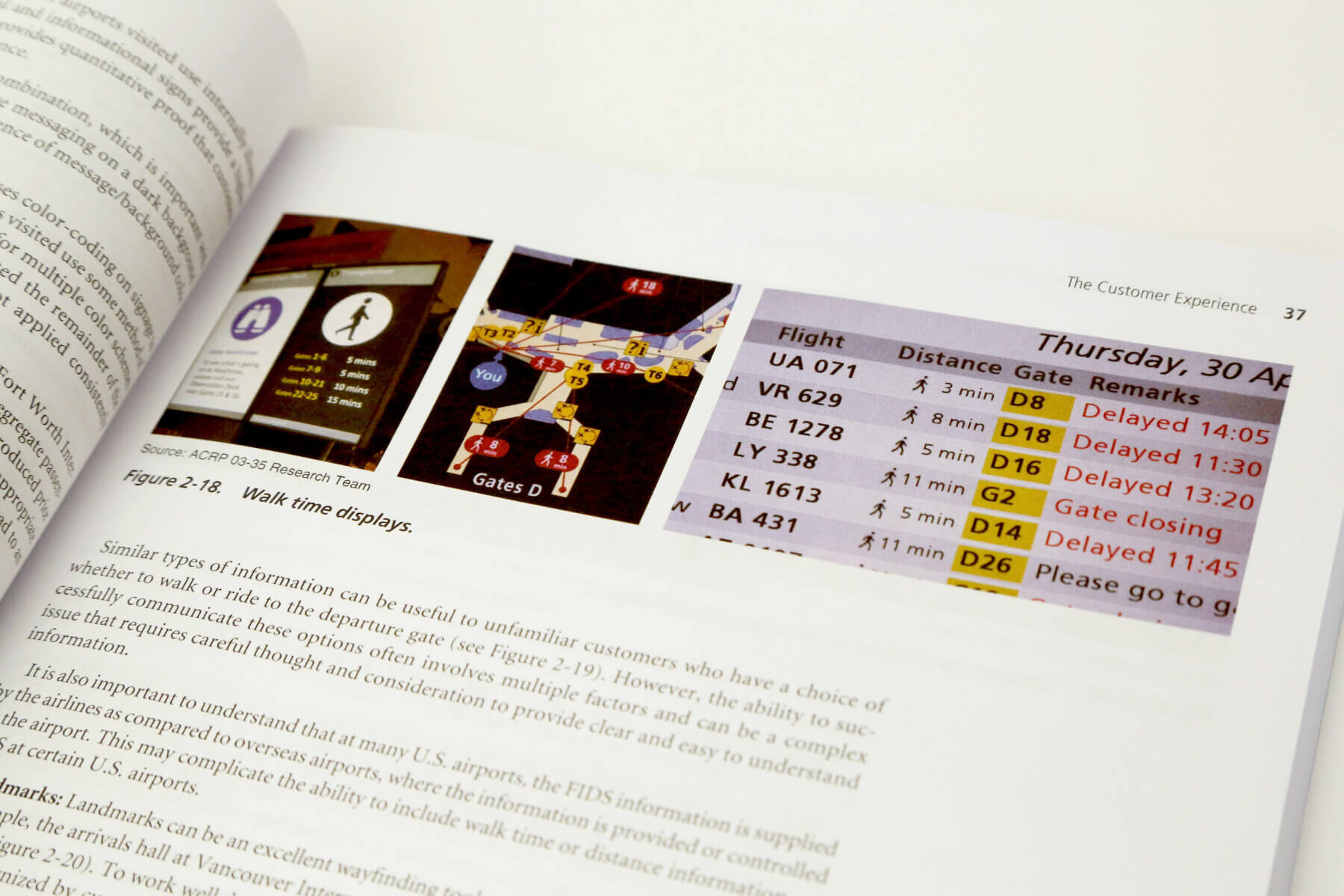 a close up of a page inside ACRP research report 161 with photos explaining airport walk time signage