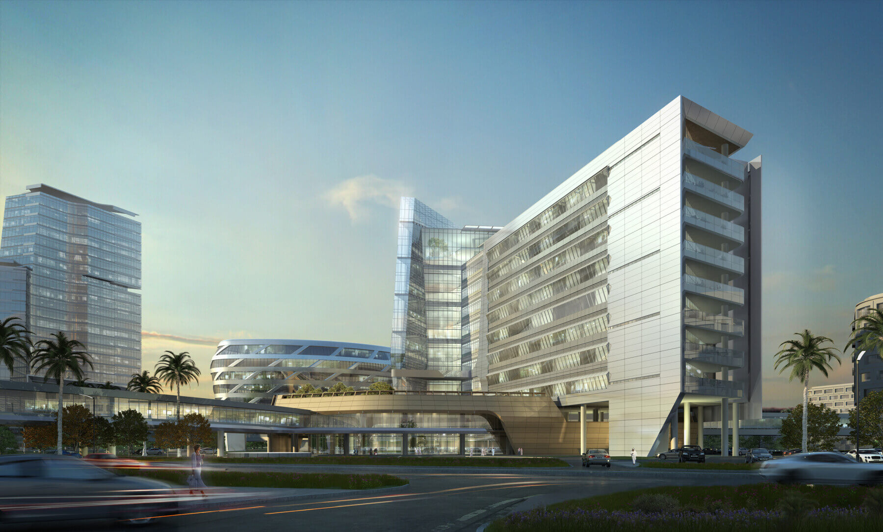 the exterior of the hospital at dusk