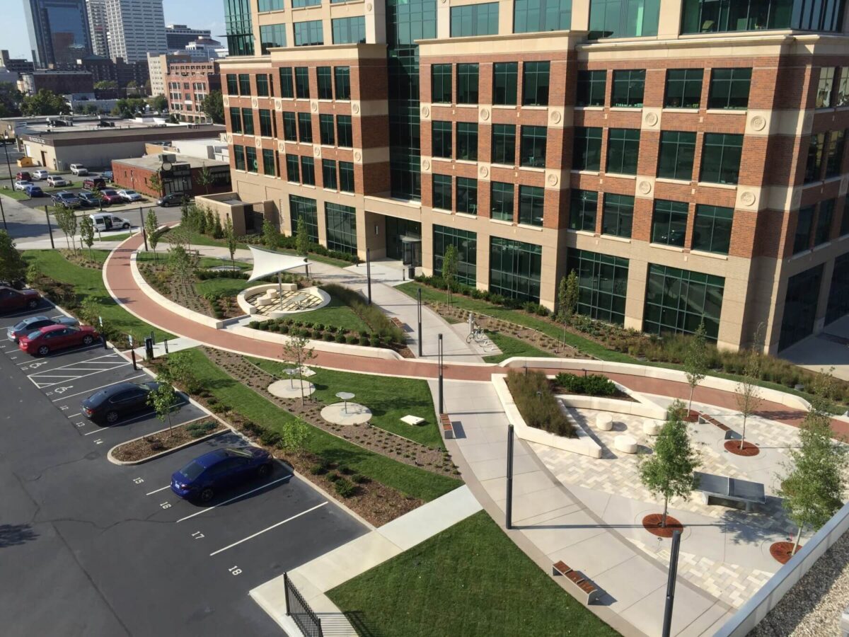 an aerial shot of the University of Louisville’s J.D. Nichols Campus Plaza