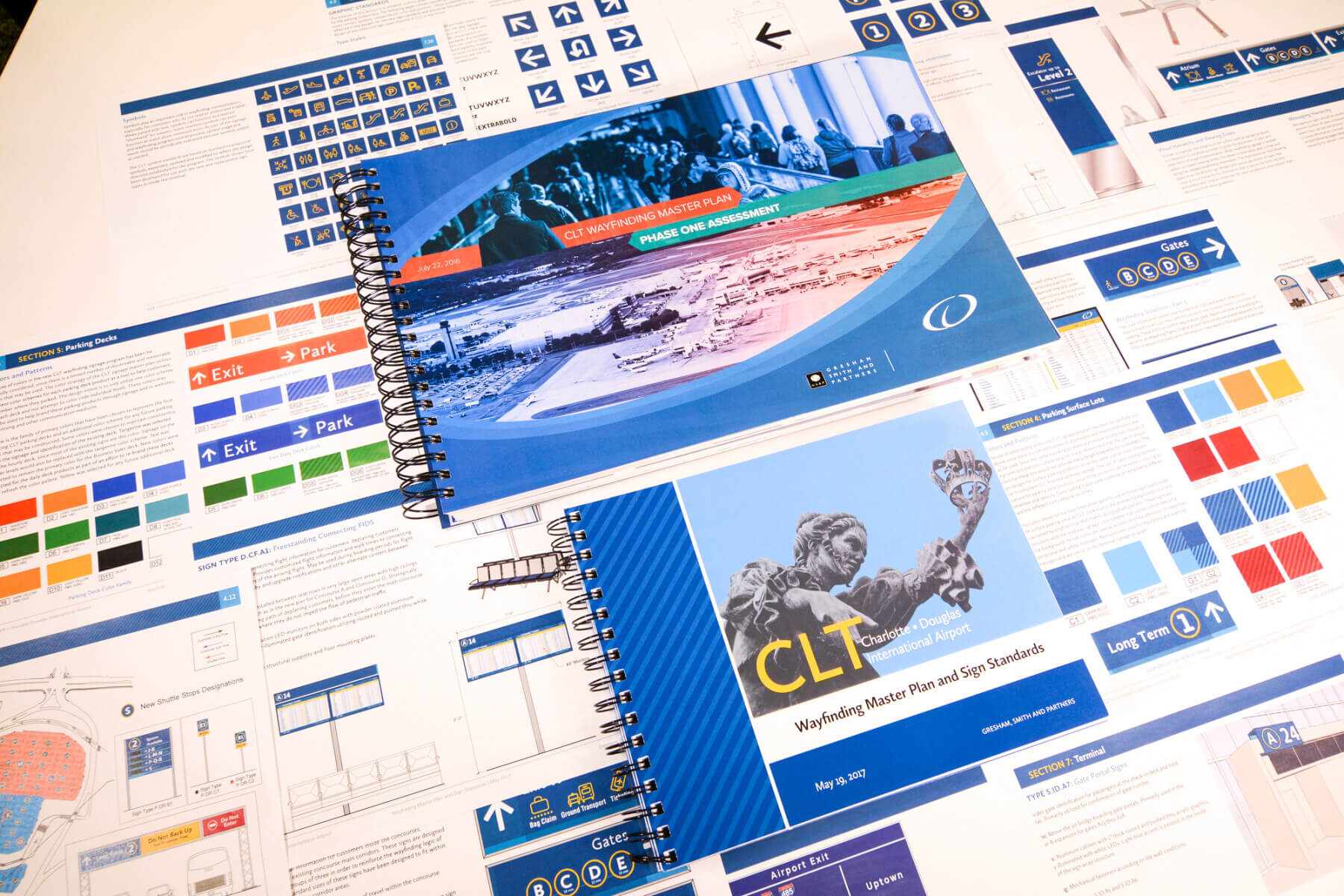 spiral bound books about the wayfinding master plan and sign standards at Charlotte Douglas International Airport