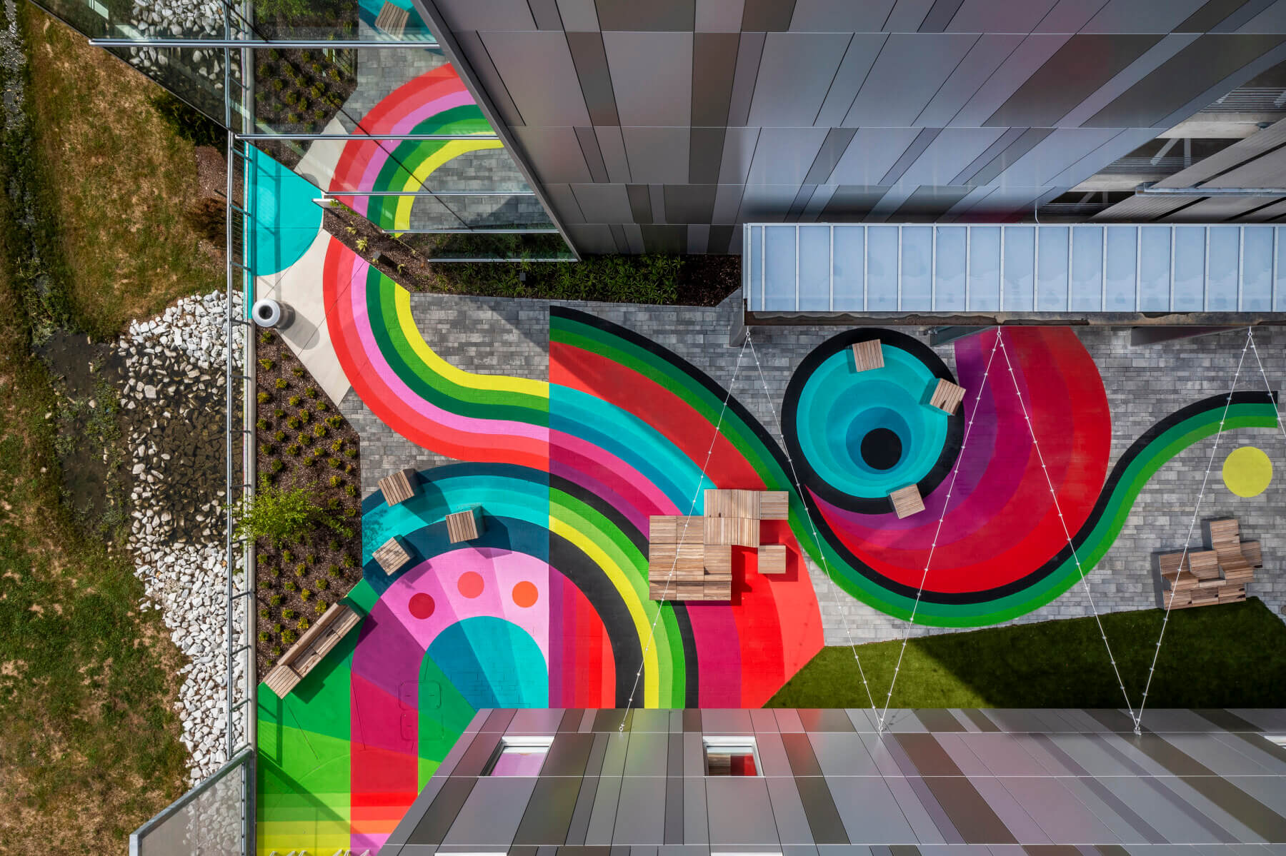 drone view of outdoor ground mural artwork