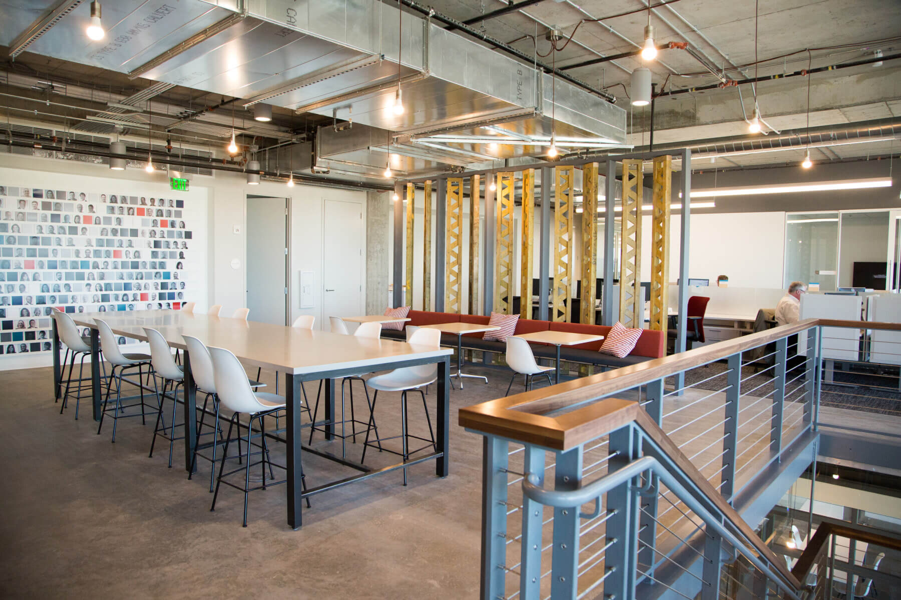 workspace and dining area with various seating