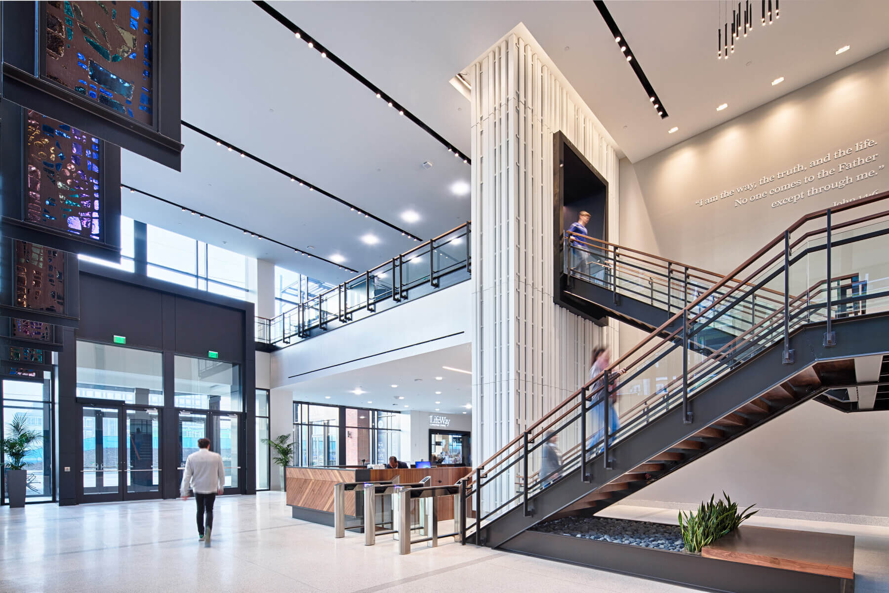 A two-story staircase in the LifeWay Christian Resources building