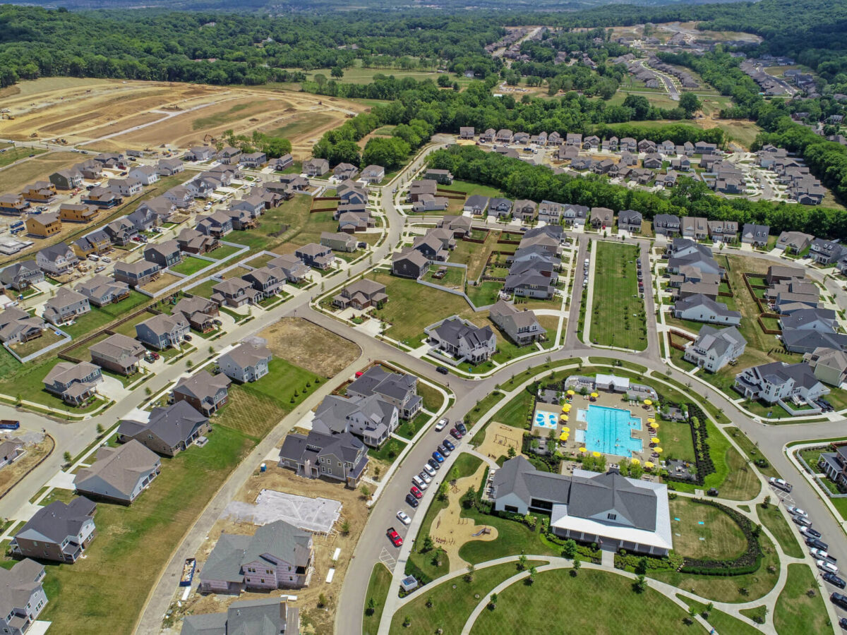 a drone shot showing the entire Durham Farms development with rows of houses