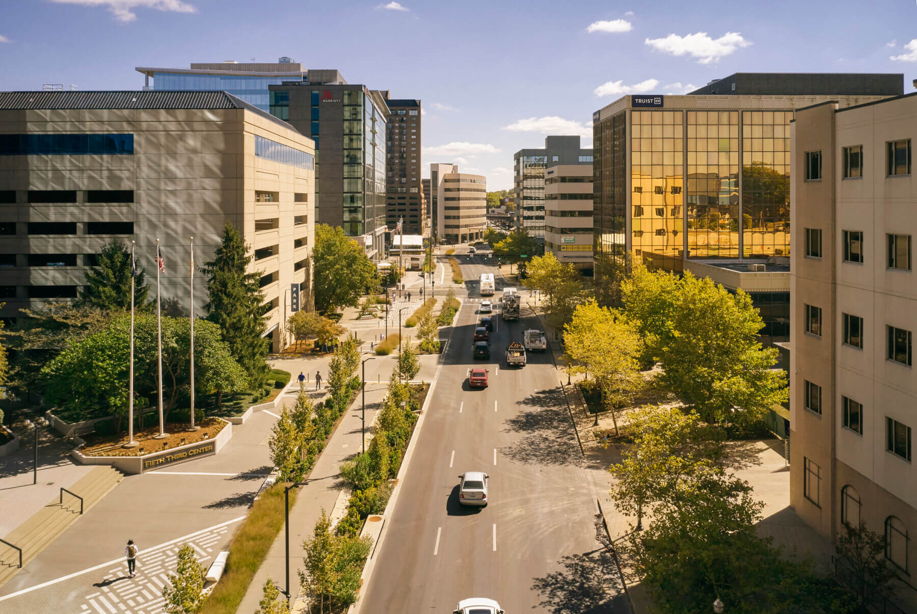 an aerial shot of downtown Lexington and Town Branch Commons