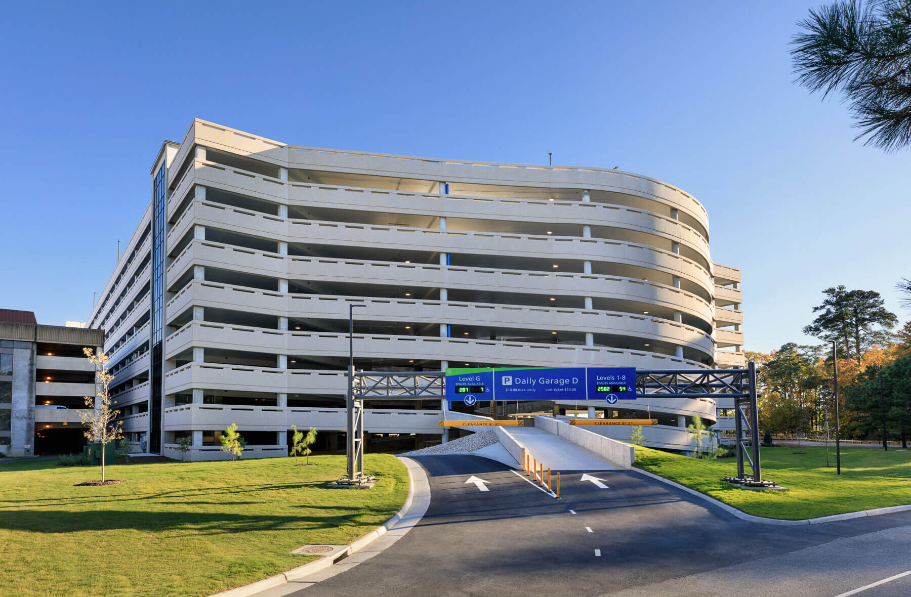 overhead entry signage in front of garage D at Norfolk International Airport