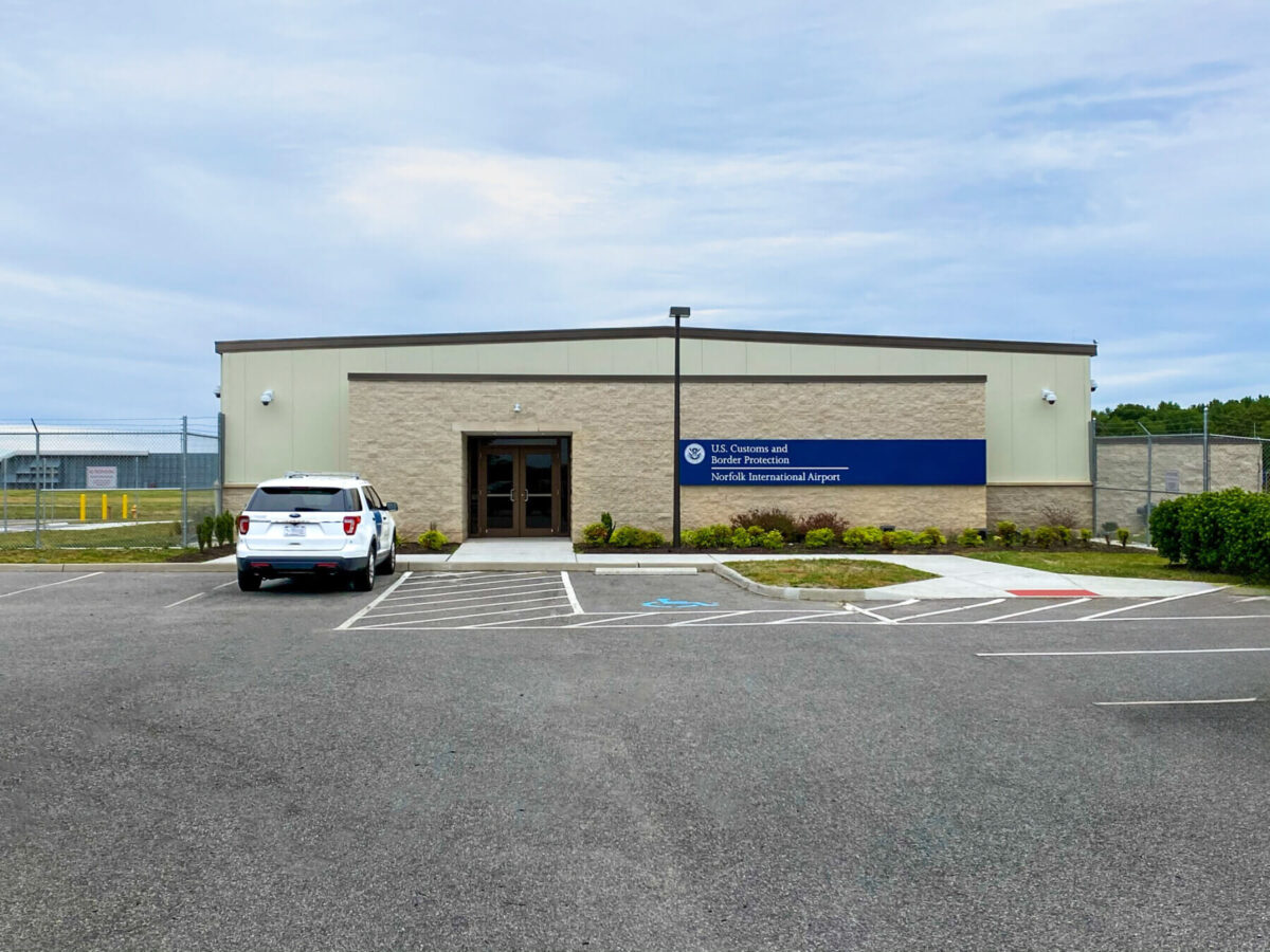 the exterior of the U.S. Customs and Border Protection Facility for general aviation passengers at Norfolk International Airport