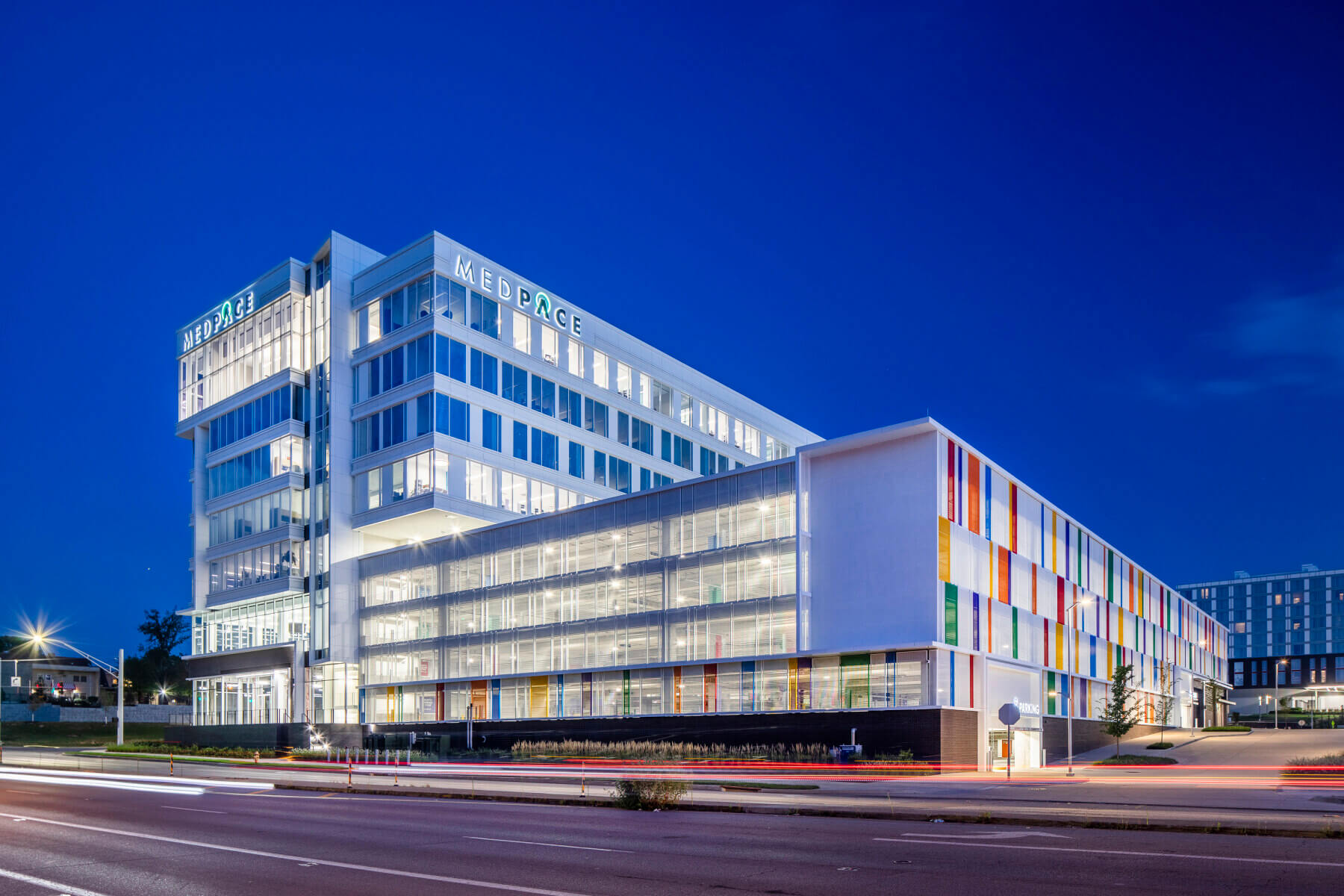 building and parking at night