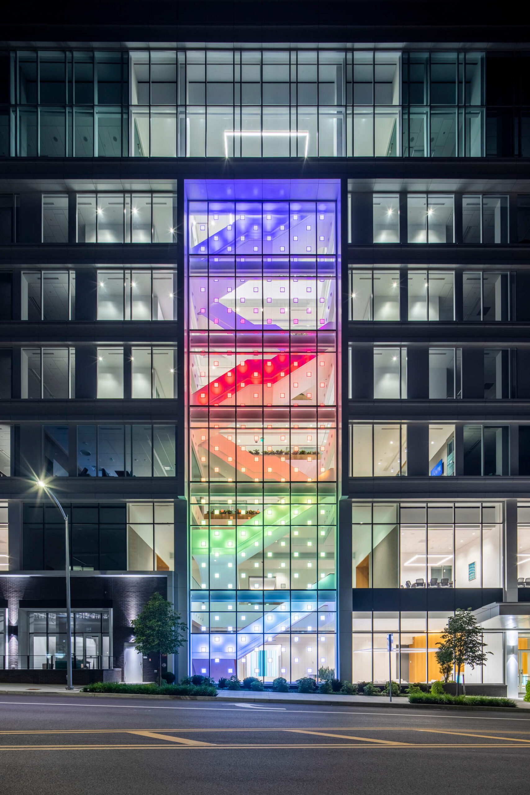 multicolor lights in staircase at night