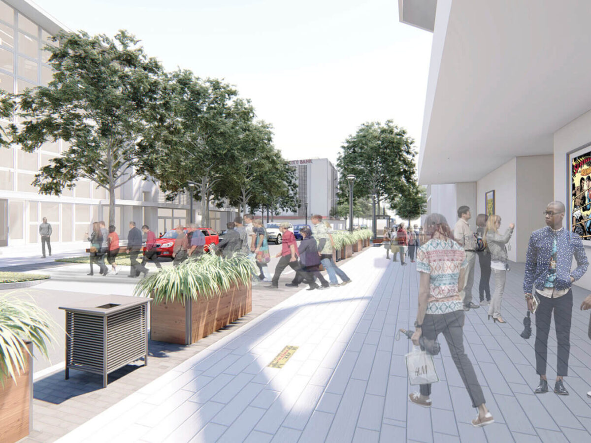 A rendering of the Muhammad Ali Boulevard showing people socializing