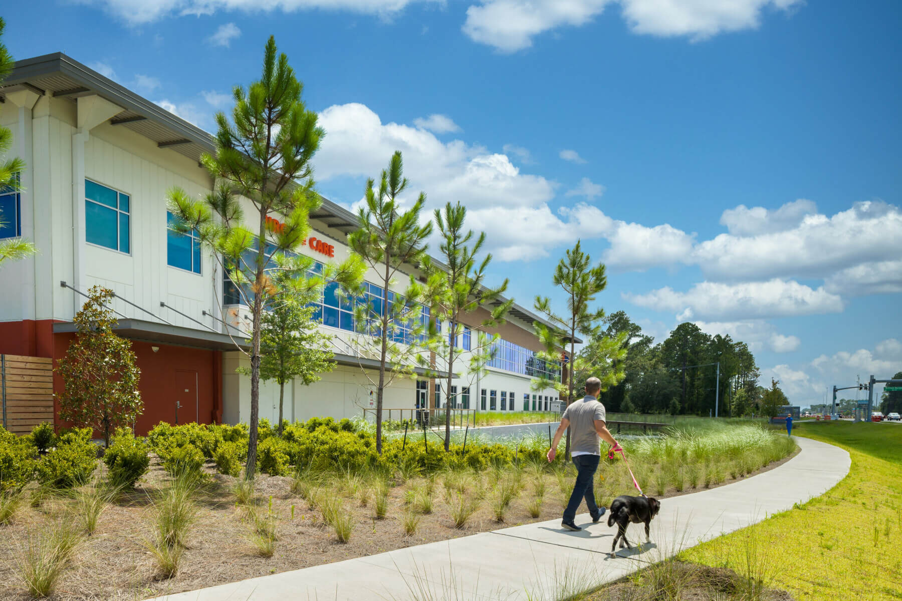 man walks dog along a path outside