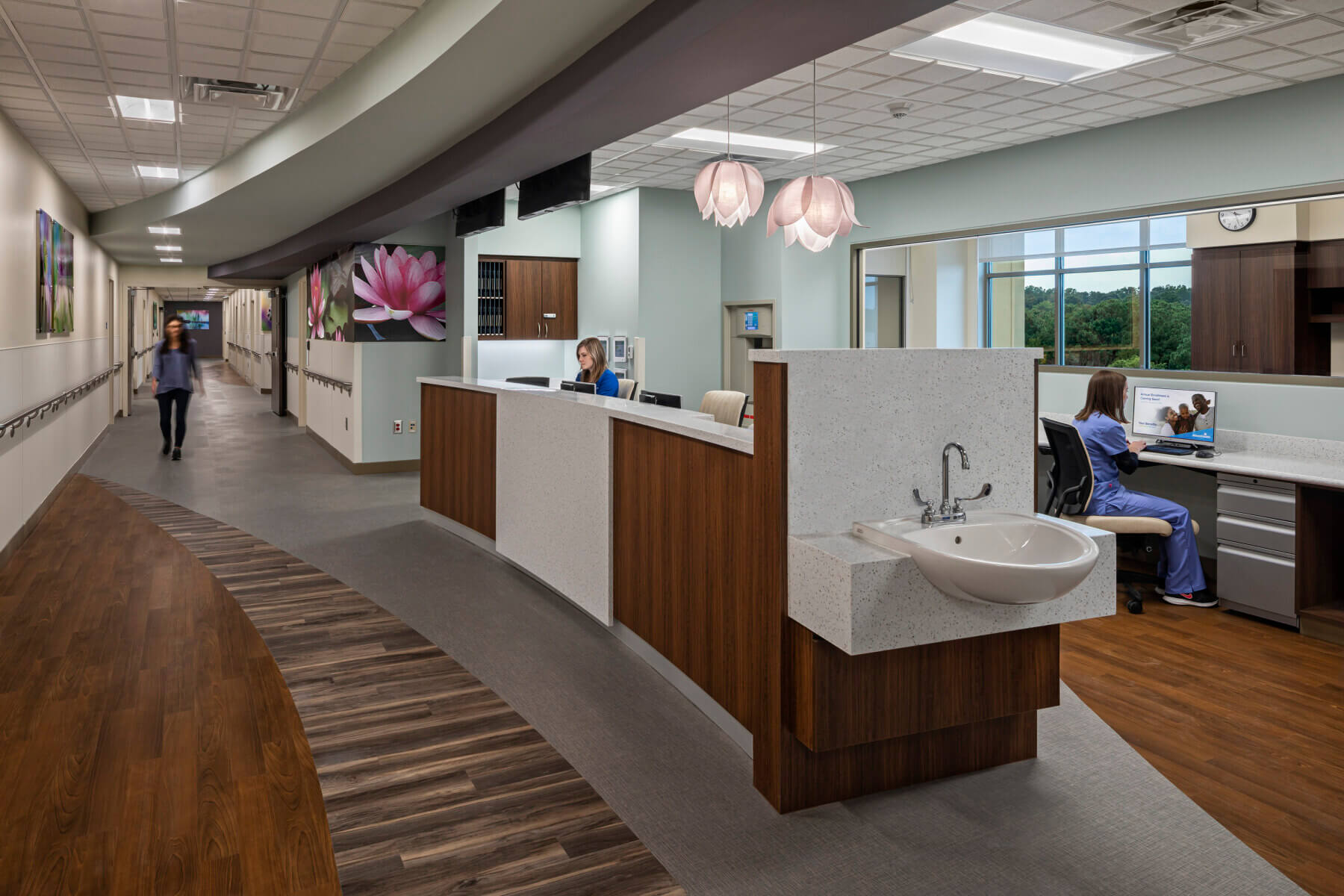 a nurse station and corridor