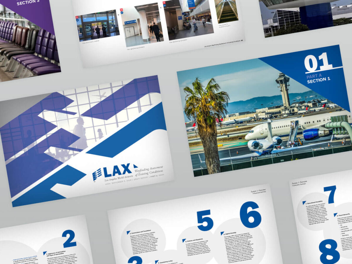 a collage of pages from the wayfinding report provided to Los Angeles International Airport