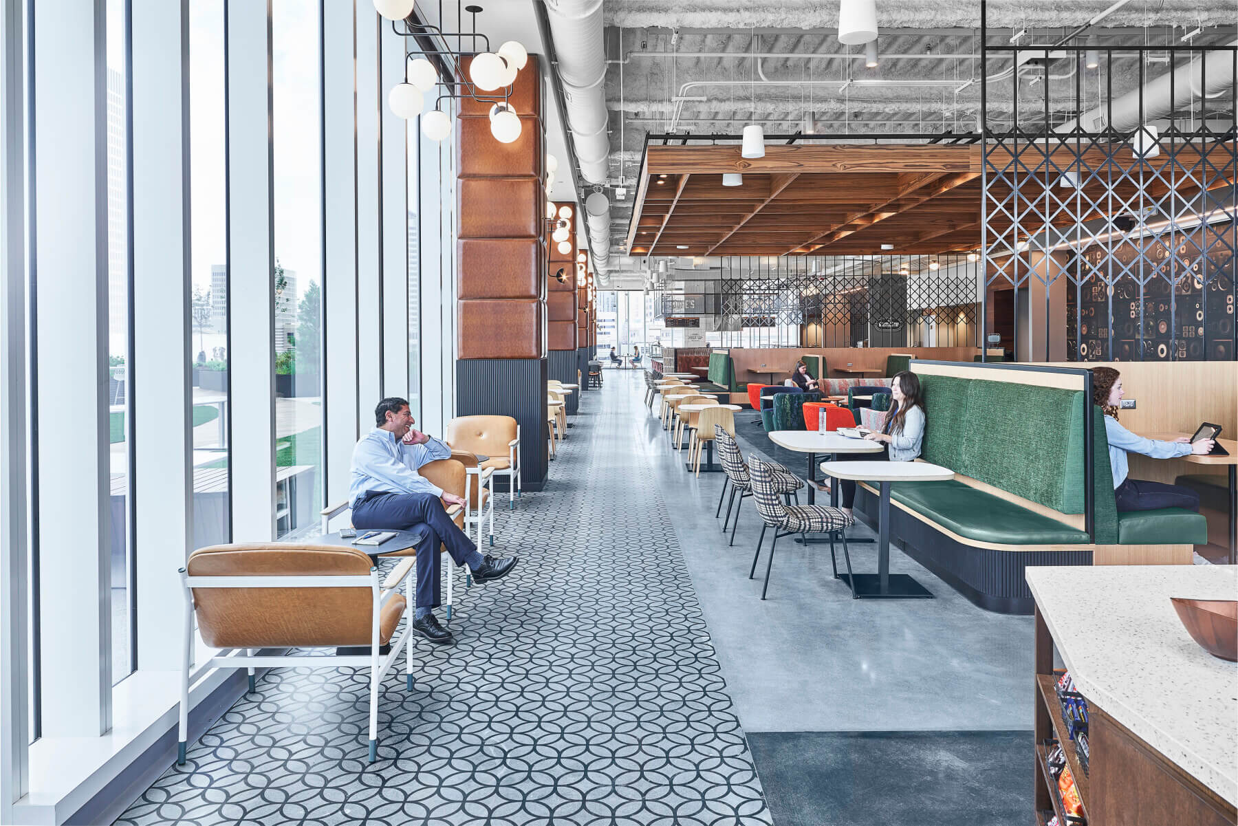 Views of the elevator bank and café