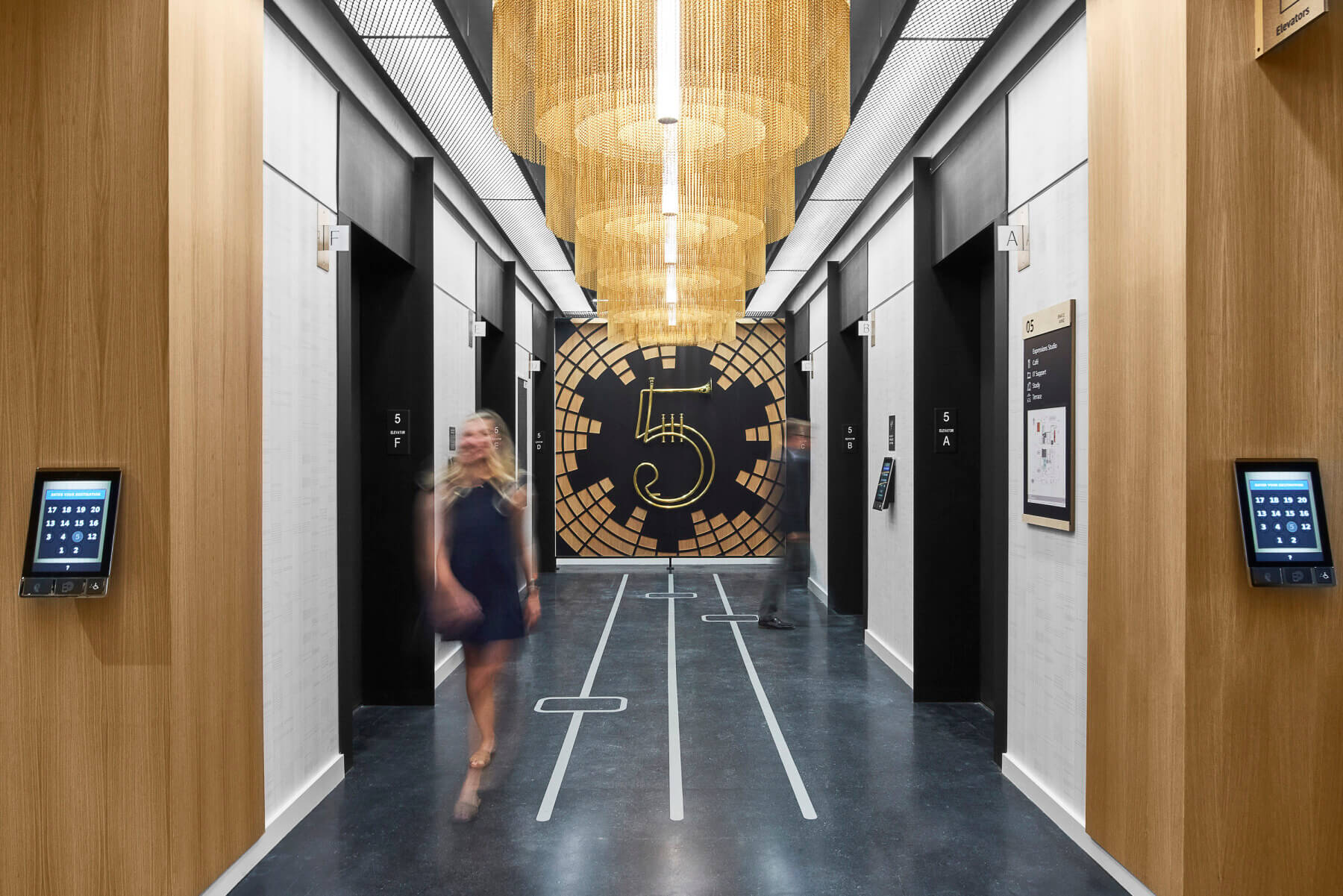 Views of the elevator bank and café
