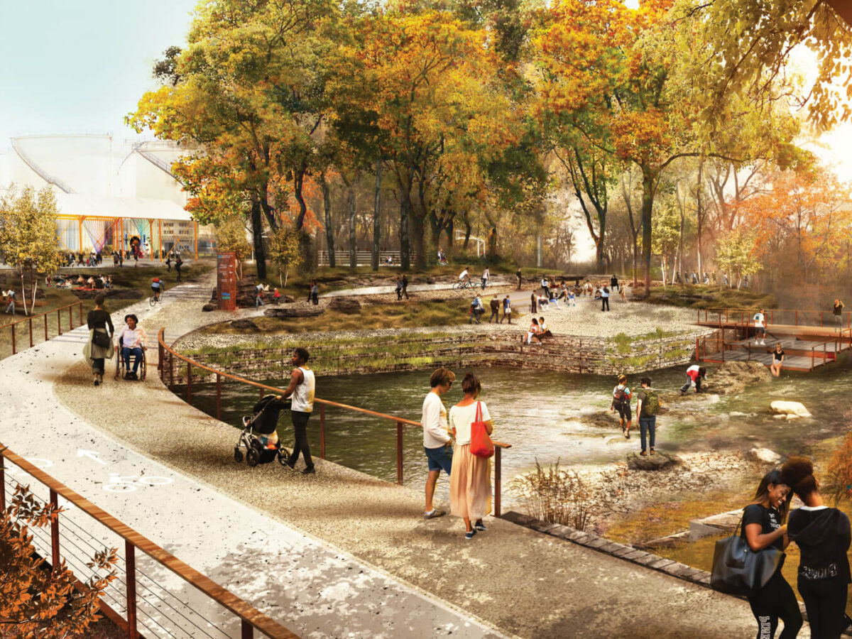 Rendering of the Chattahoochee RiverLands Greenway Study with people standing on a bridge.