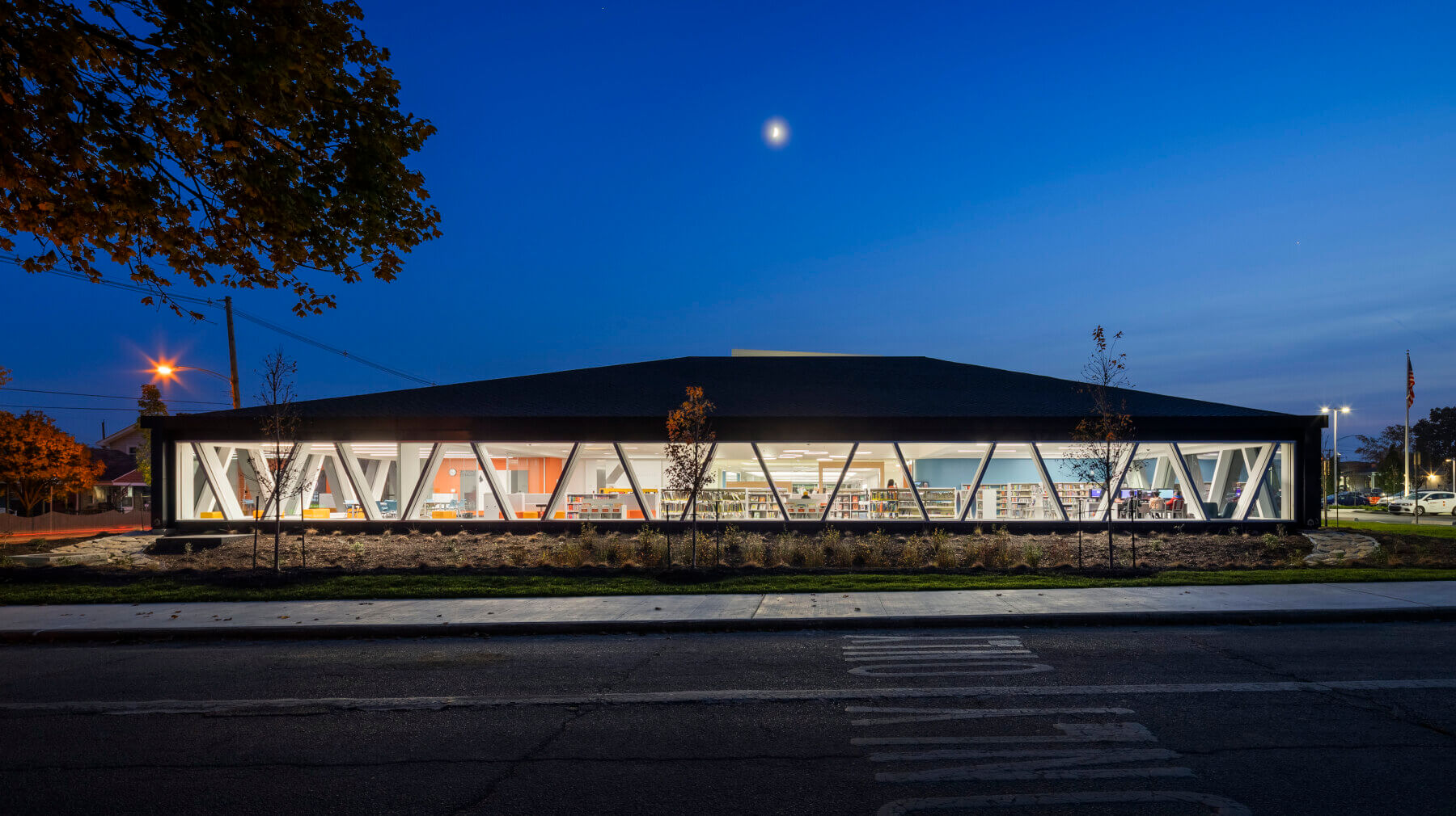 exterior view of the library in the nighttime