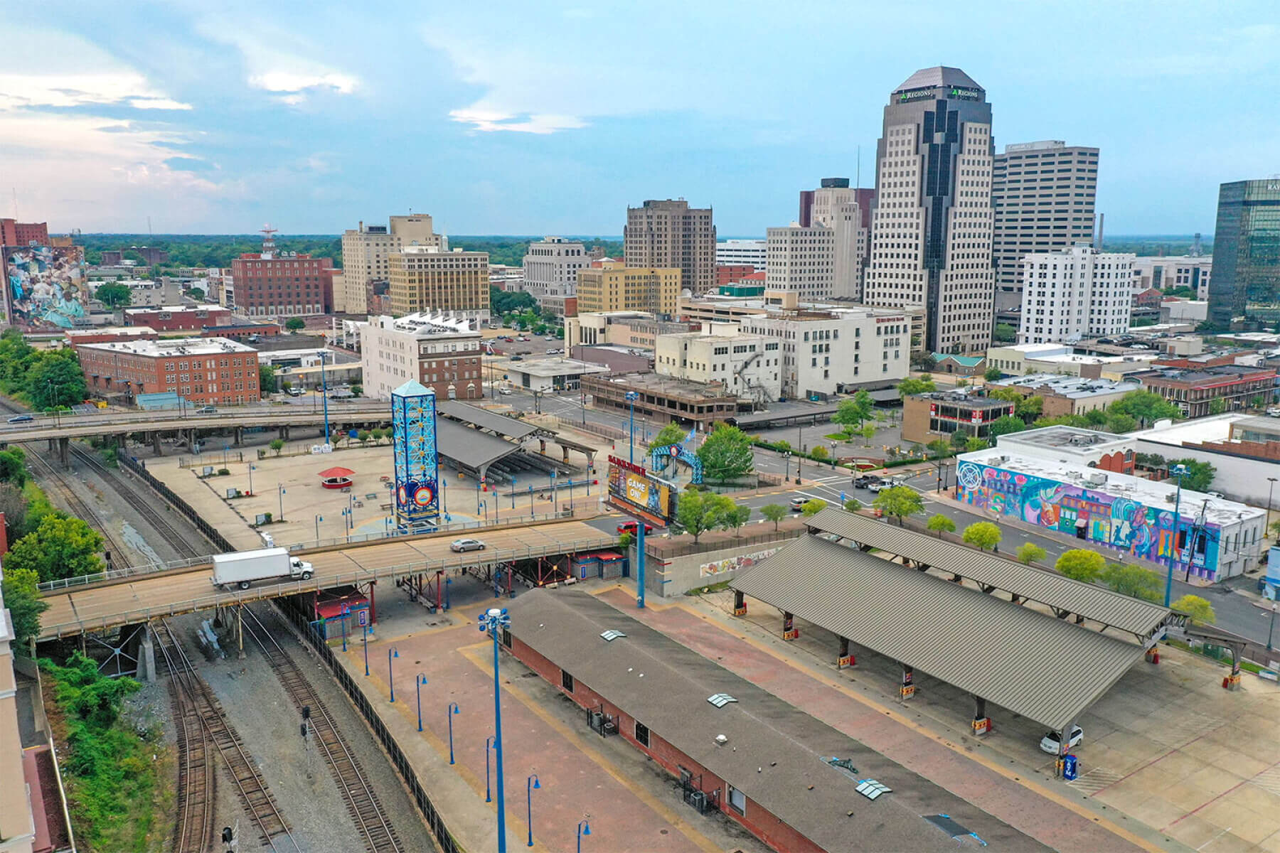 an aerial shot of Shreveport, LA and the Spring Street Bridge
