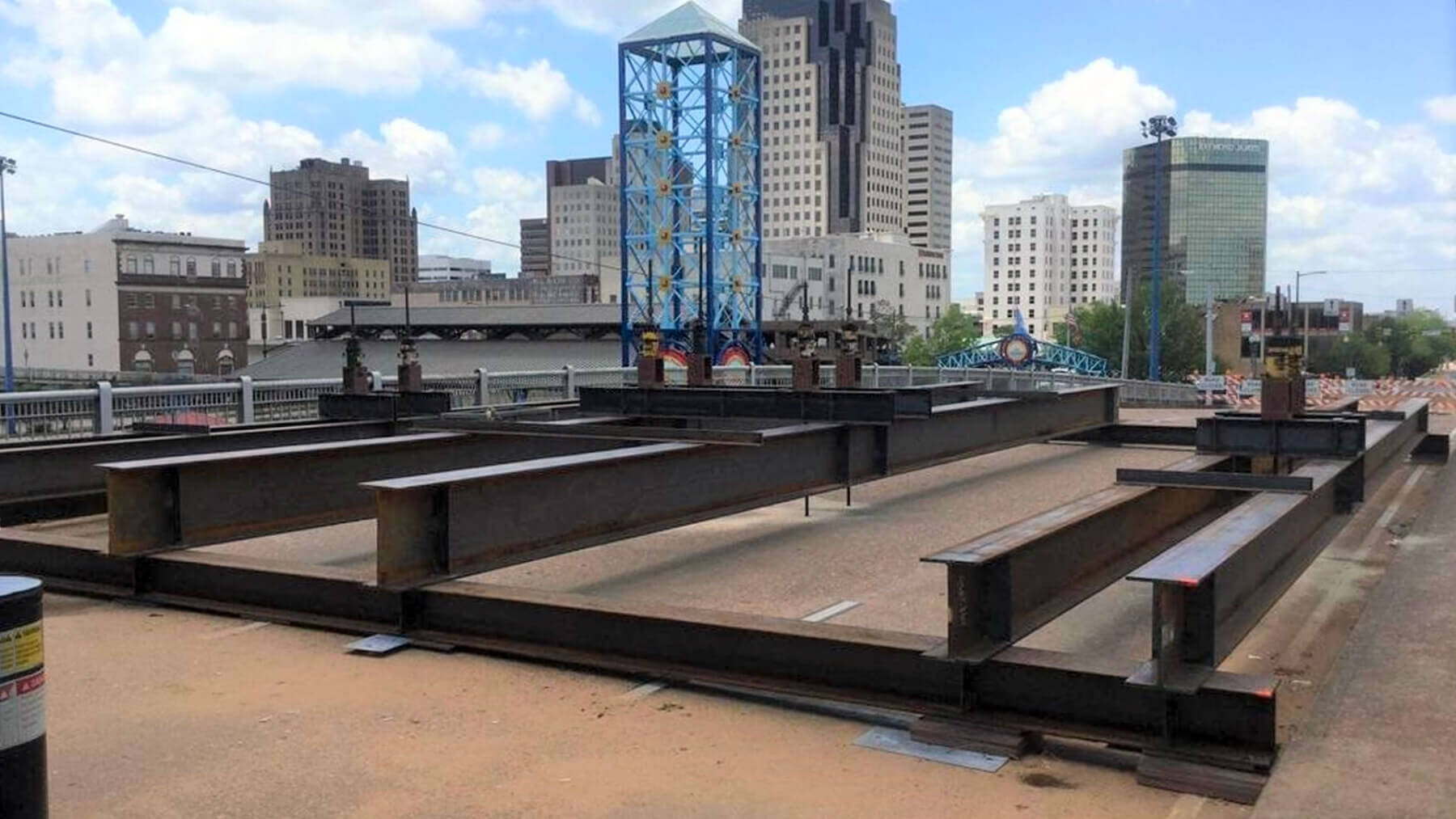 an aerial shot of Shreveport, LA and the Spring Street Bridge