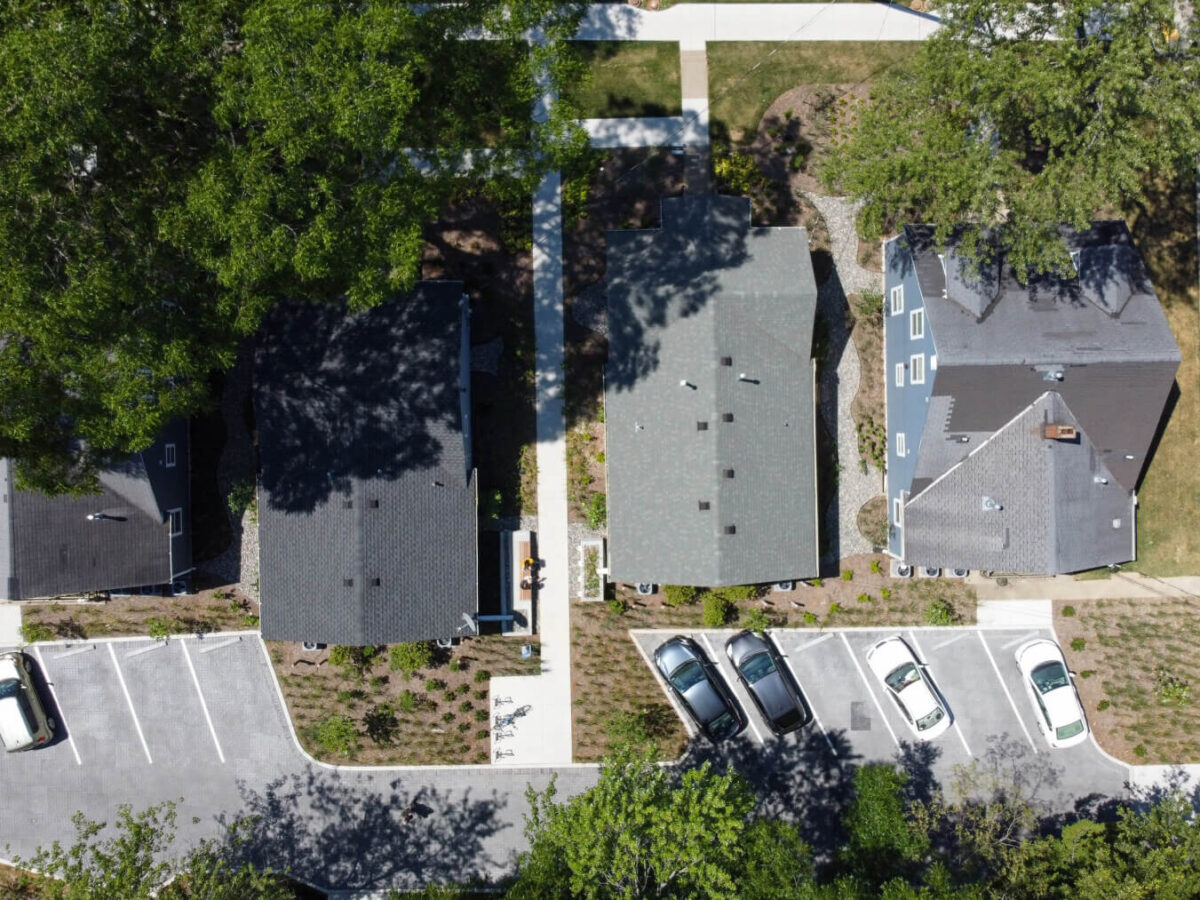 a drone shot of the houses at the Rian Gardens at 900 Block