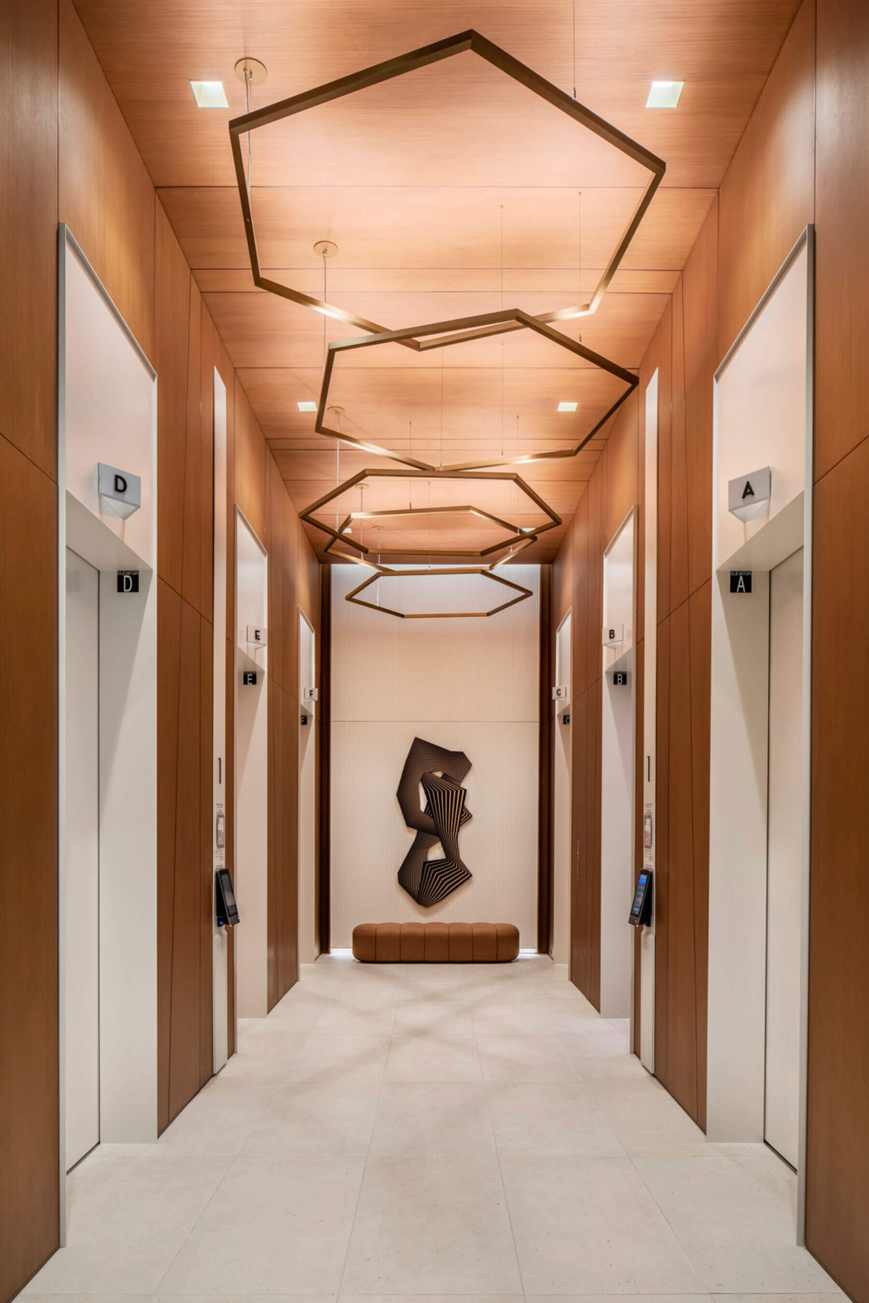 The elevator bank in the ONE22ONE tower