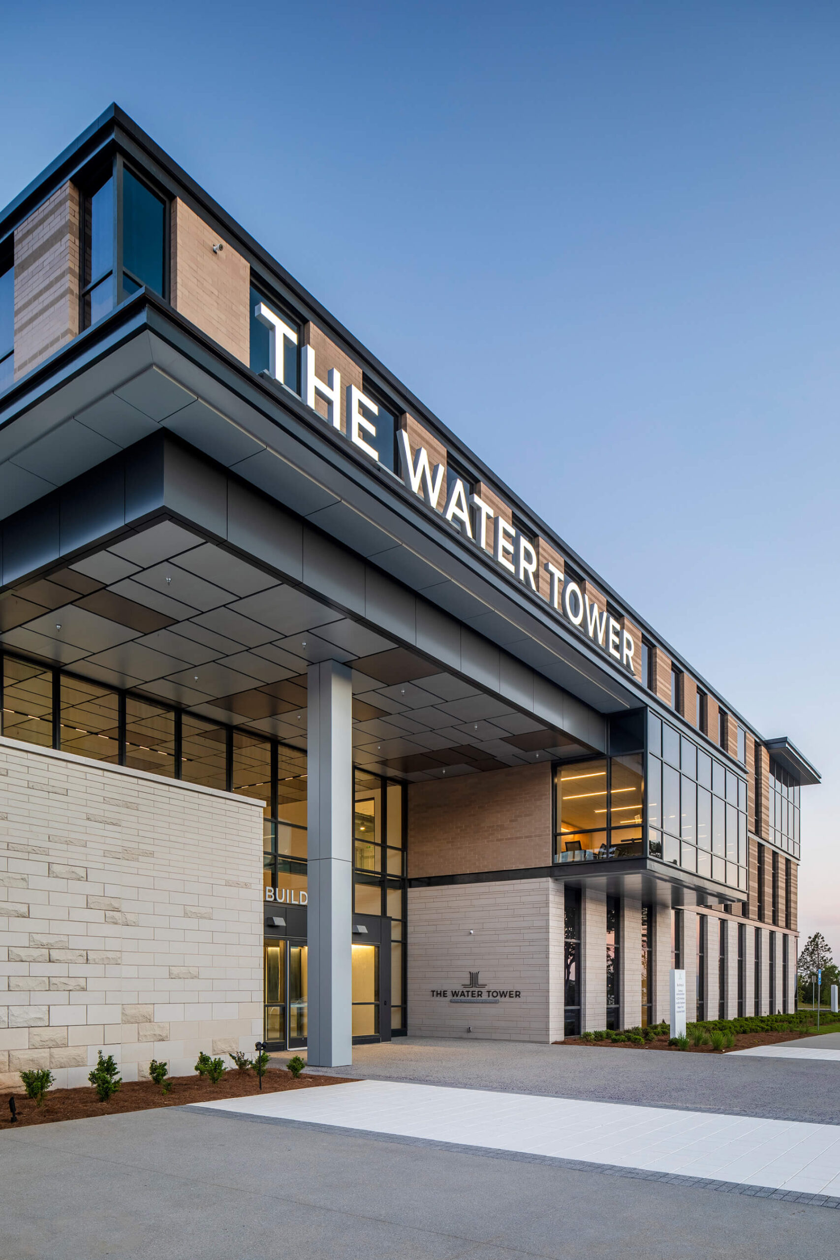 Exterior side view of The Water Tower Global Innovation Hub entrance