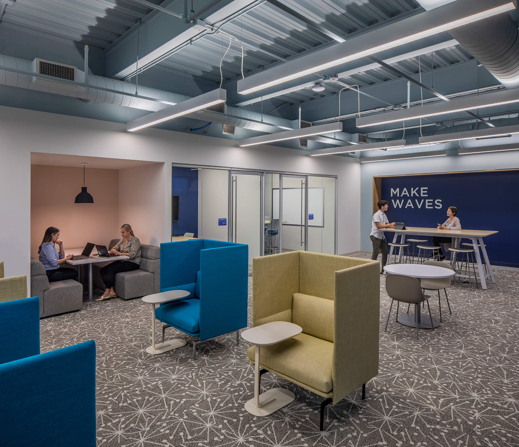 Staff common area The Water Tower Global Innovation Hub featuring booths