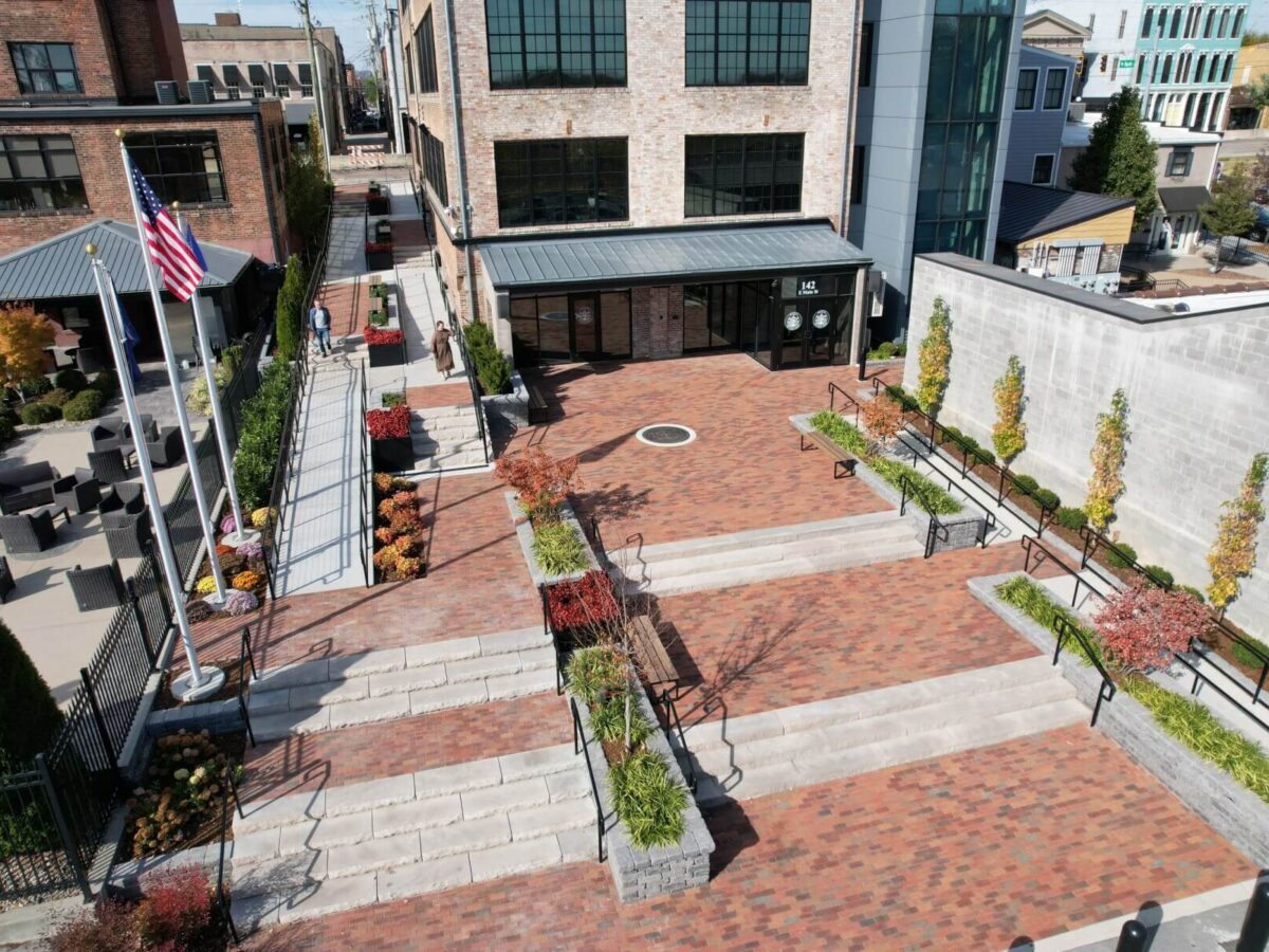 Drone view of New Albany City Hall Promenade and Plaza