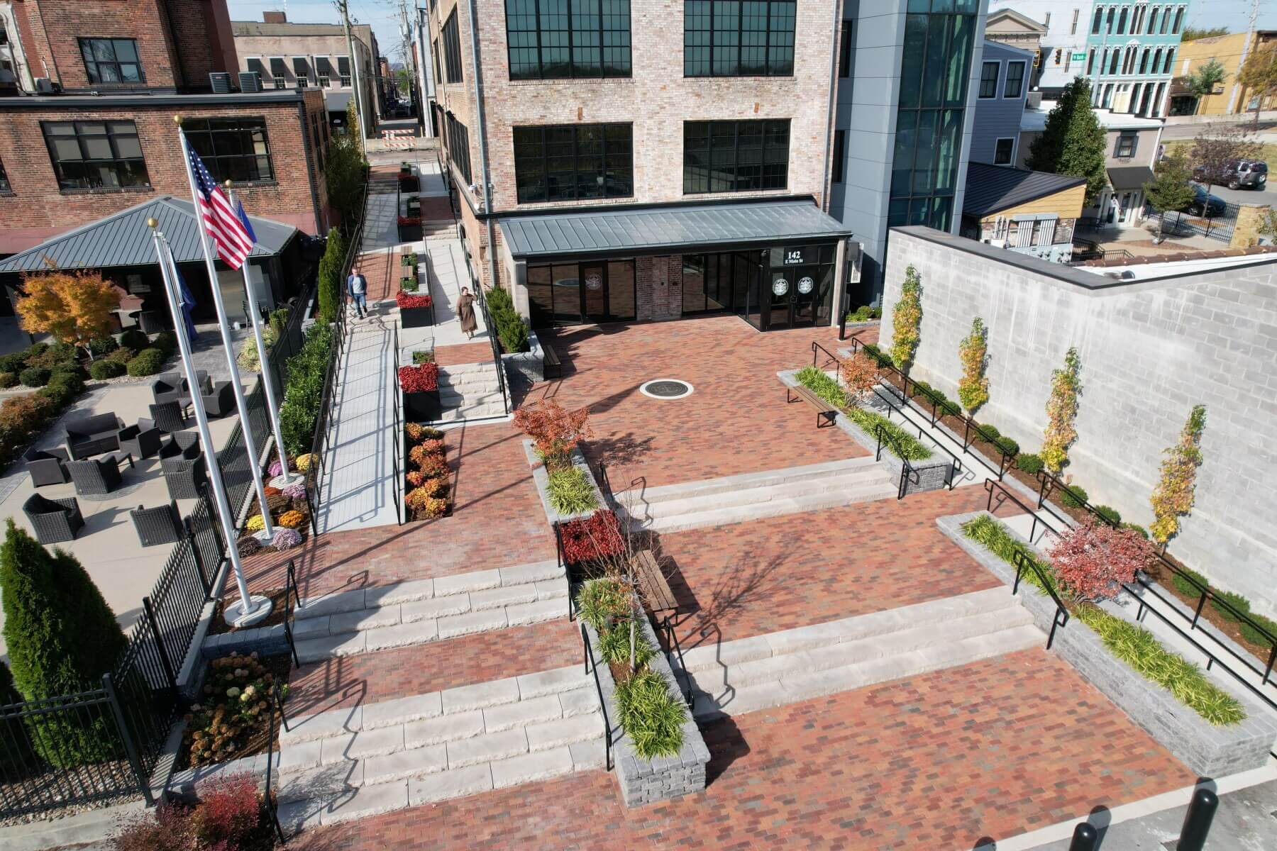 Drone view of New Albany City Hall Promenade and Plaza
