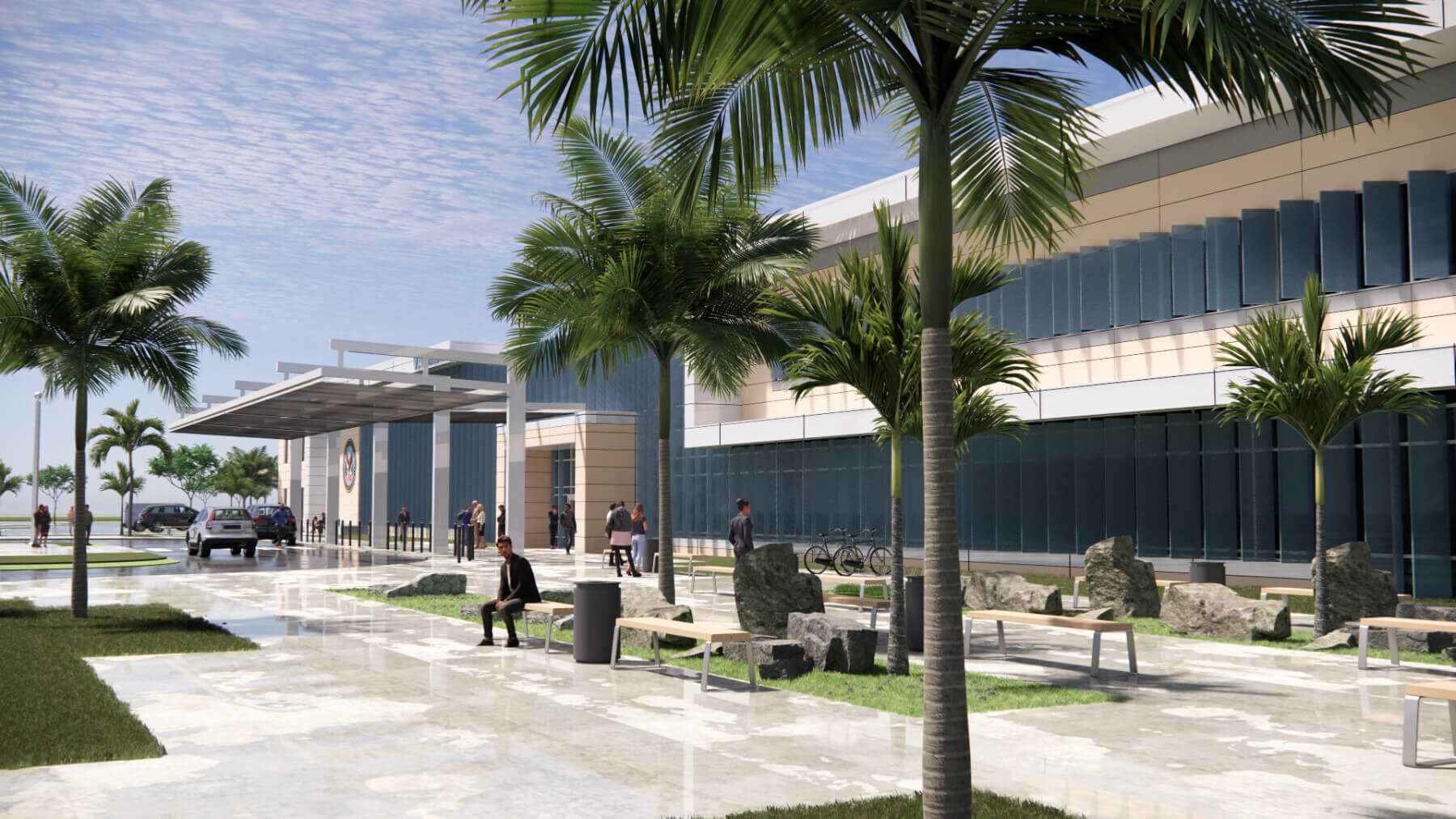 plaza with benches outside the clinic