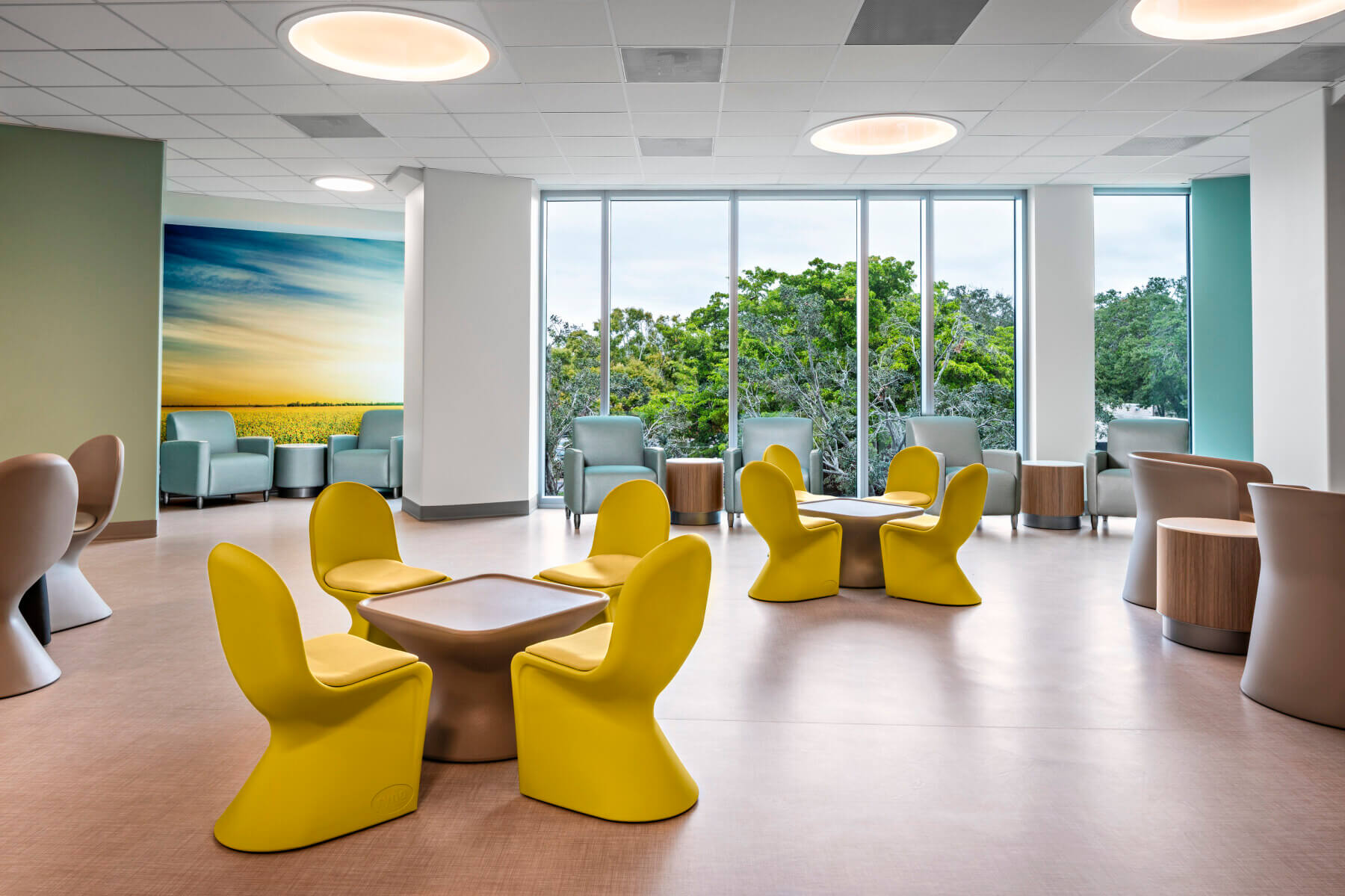 tables and chairs in the group common room at the behavioral health pavilion building at Sarasota Memorial Hospital