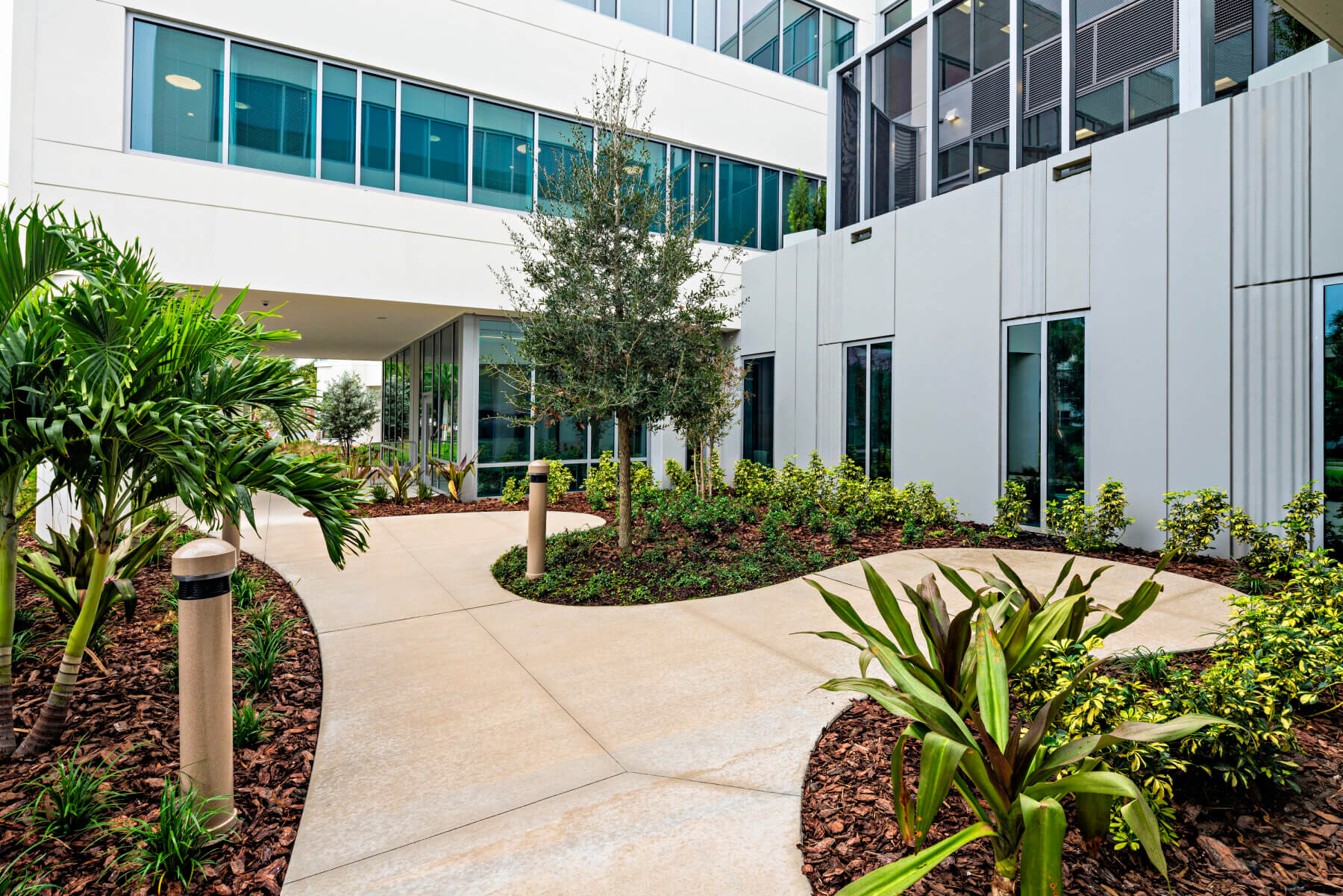 a garden outside the behavioral health pavilion building at Sarasota Memorial Hospital