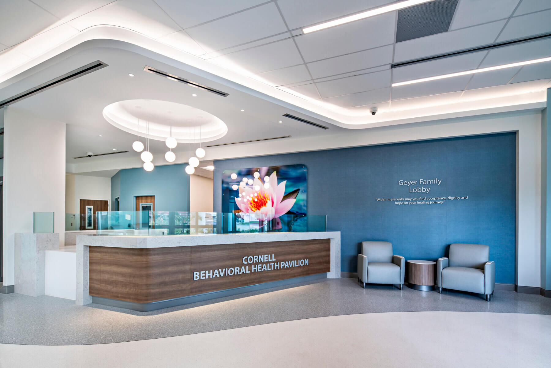 the reception desk in the main lobby at the behavioral health pavilion building at Sarasota Memorial Hospital